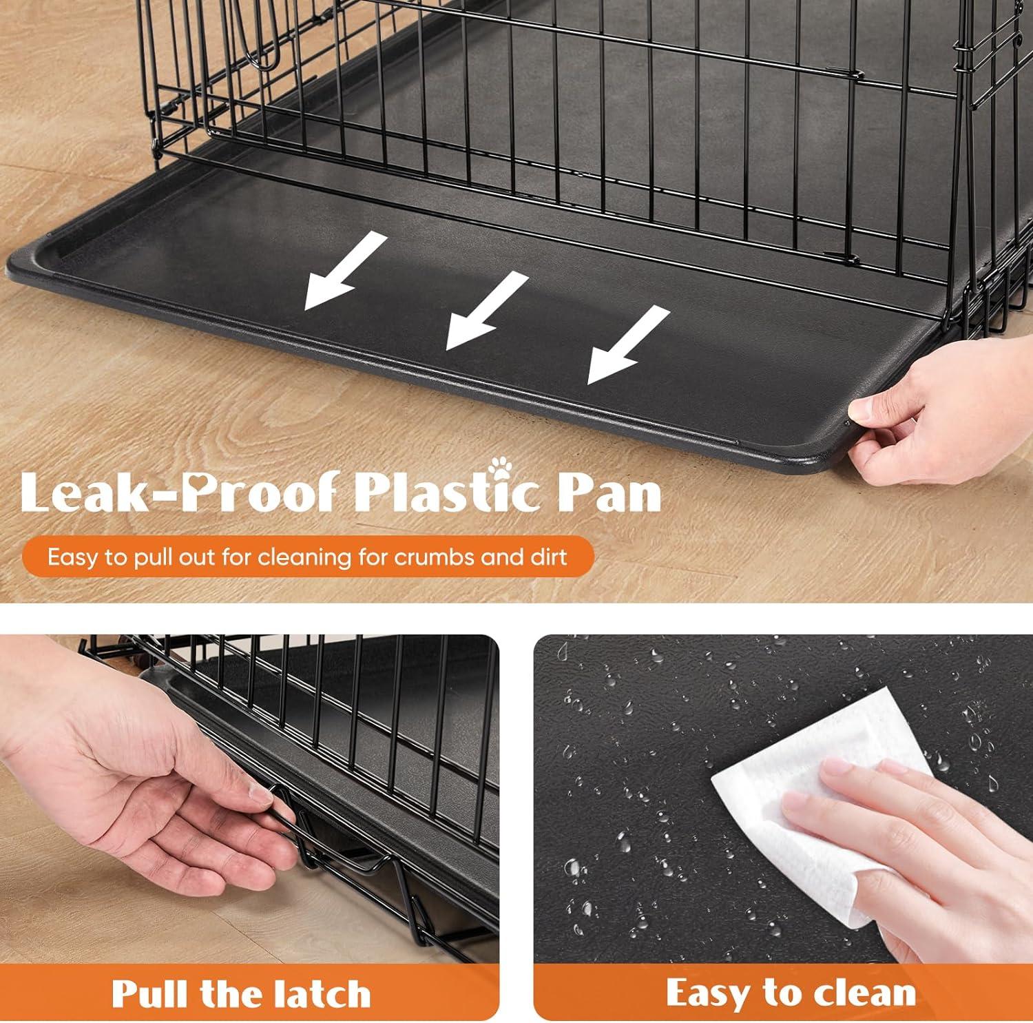 EDX Big Dog Crate with Divider Panel, 48 Inch Double Door Folding Metal Wire Dog Cage with Plastic Leak-Proof Pan Tray
