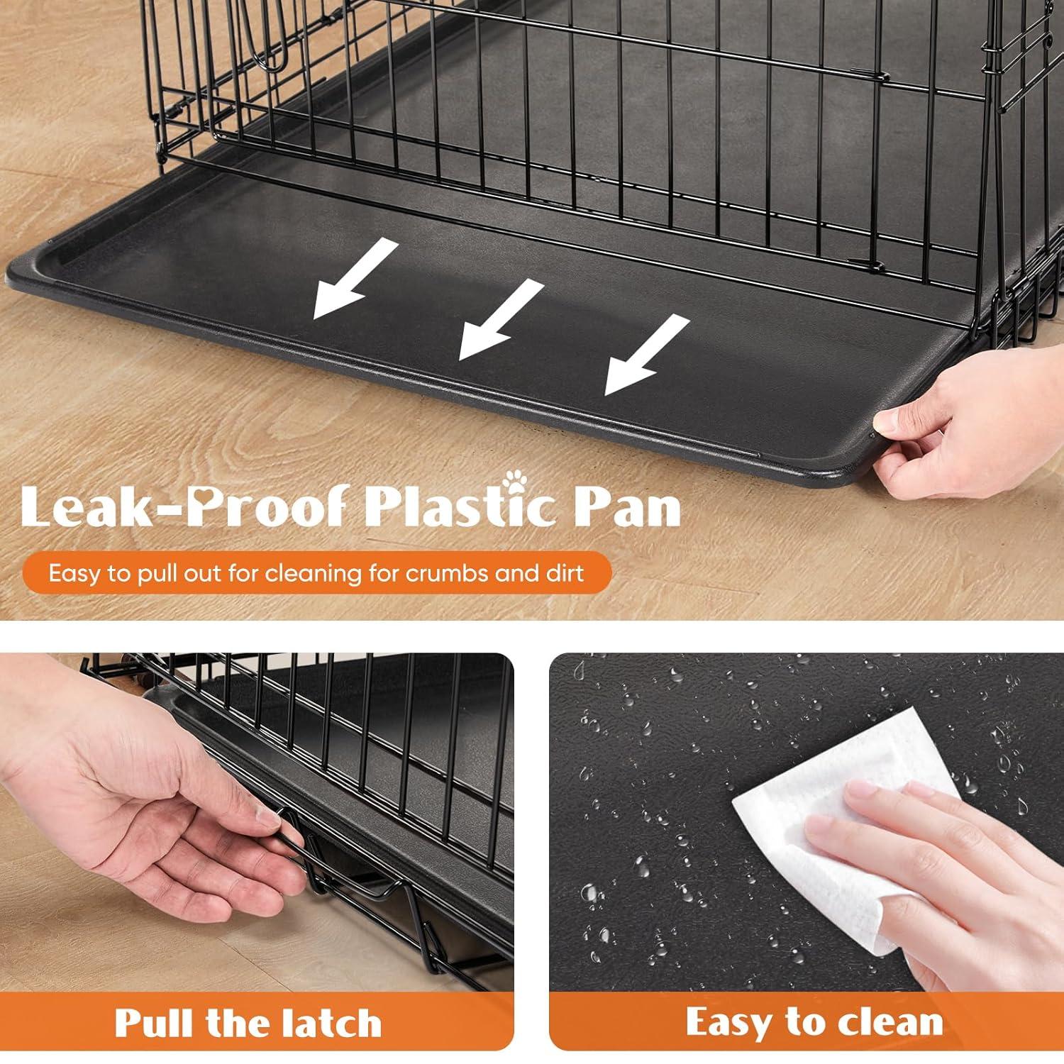 EDX Big Dog Crate with Divider Panel, 48 Inch Double Door Folding Metal Wire Dog Cage with Plastic Leak-Proof Pan Tray
