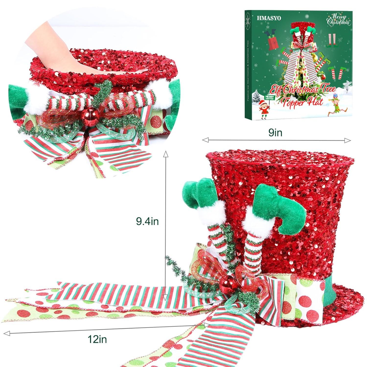 Matoen Christmas Tree Topper Hat, Large Red Velvet Hat with Elf Legs and Lengthened Bowknot Christmas Tree Decorations Tabletop Ornaments for Holiday Home Decor