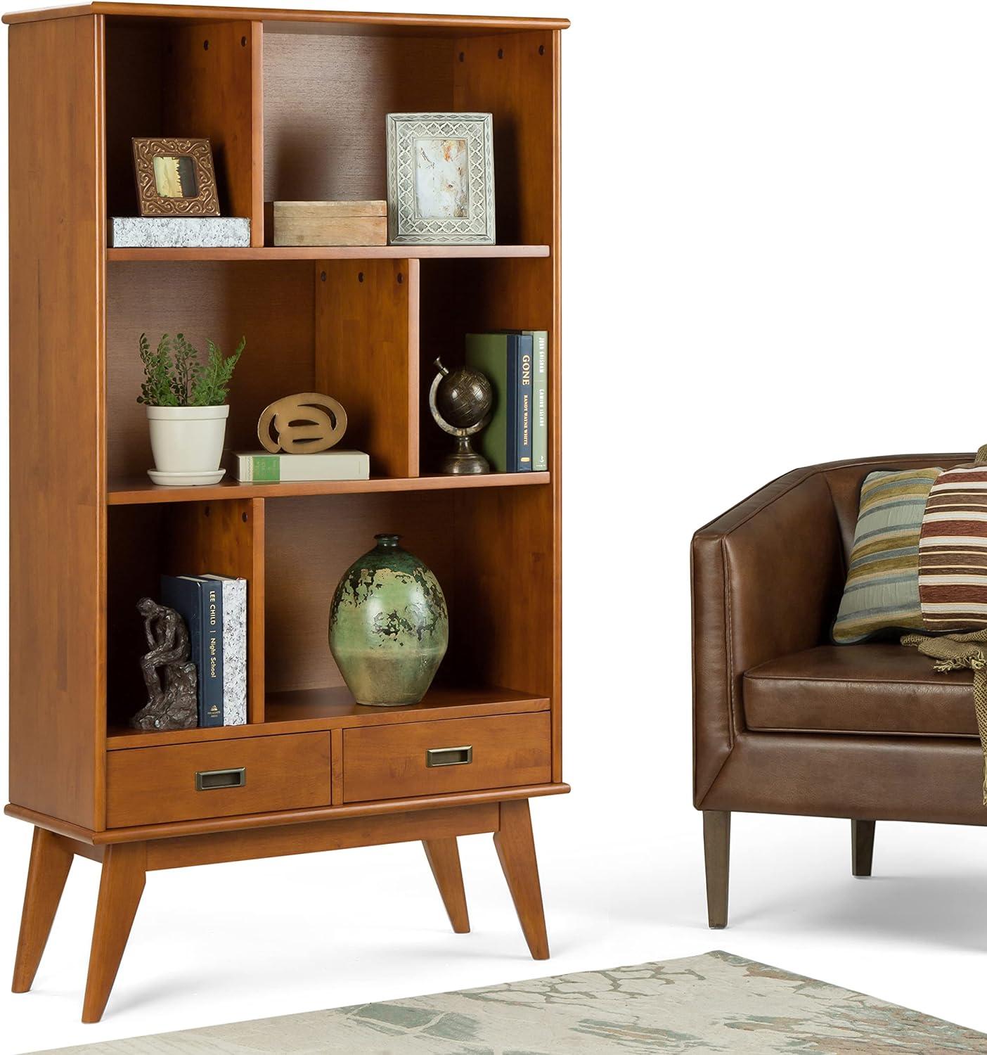 Simpli Home Draper 35"W Solid Hardwood 6 Shelf Compartment Mid-Century Modern Wide Bookcase with 2 Drawers
