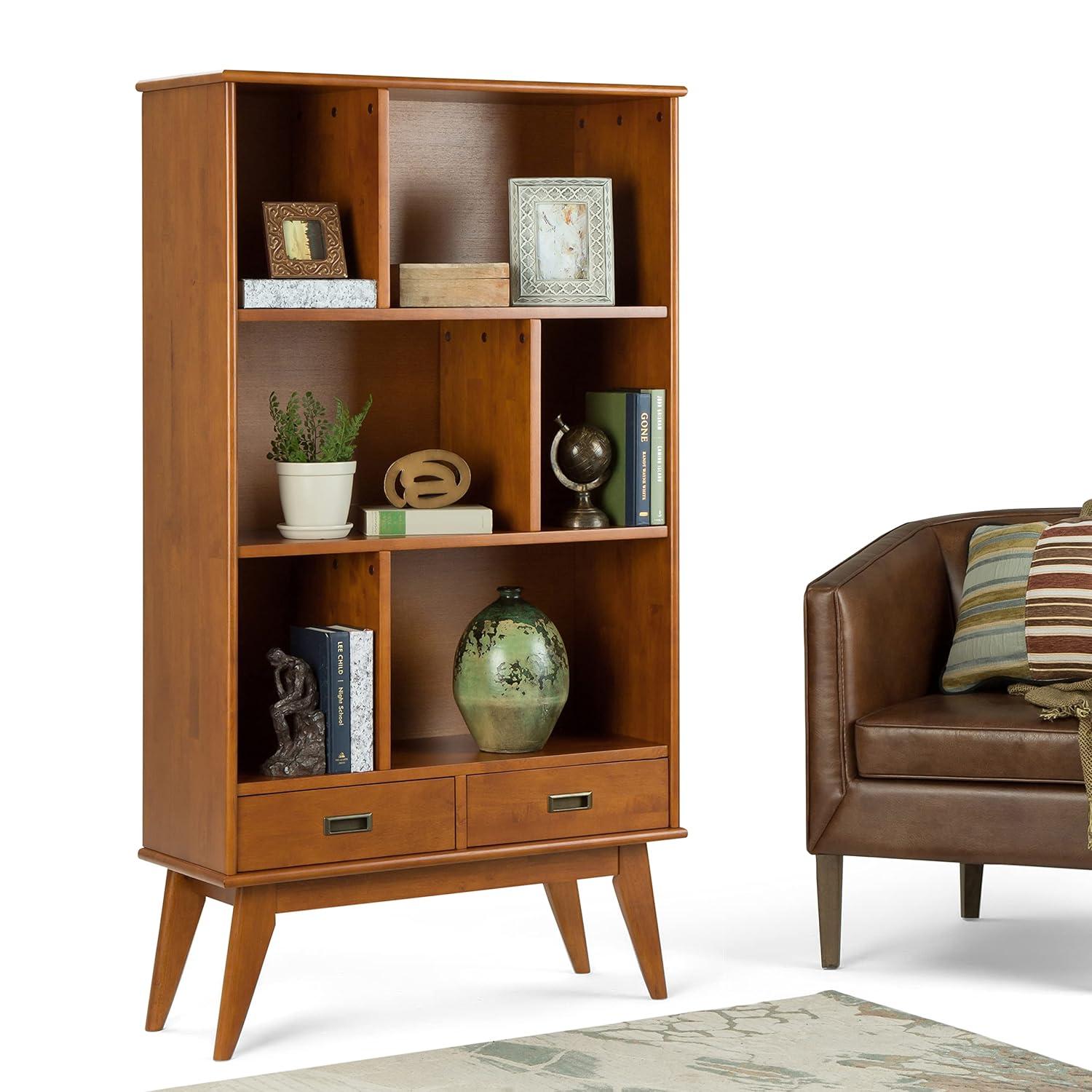 Simpli Home Draper 22"W Solid Hardwood 6 Shelf Compartment Mid-Century Modern Bookcase with Drawer