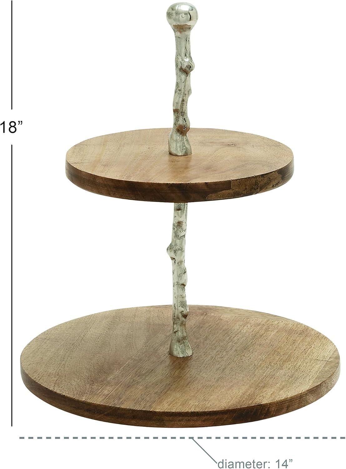 18" 2-Tier Round Modern Mango Wood and Aluminum Tray Stand Brown - Olivia & May: Chic Display for Decor, Non-Food Safe, Indoor Use
