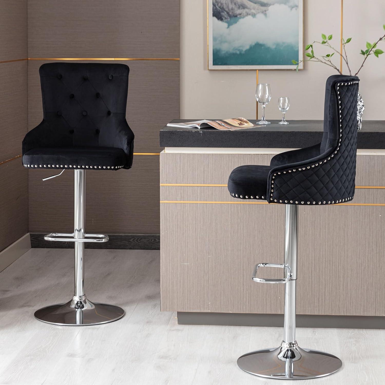 Adjustable Black Velvet Swivel Bar Stools with Chrome Base