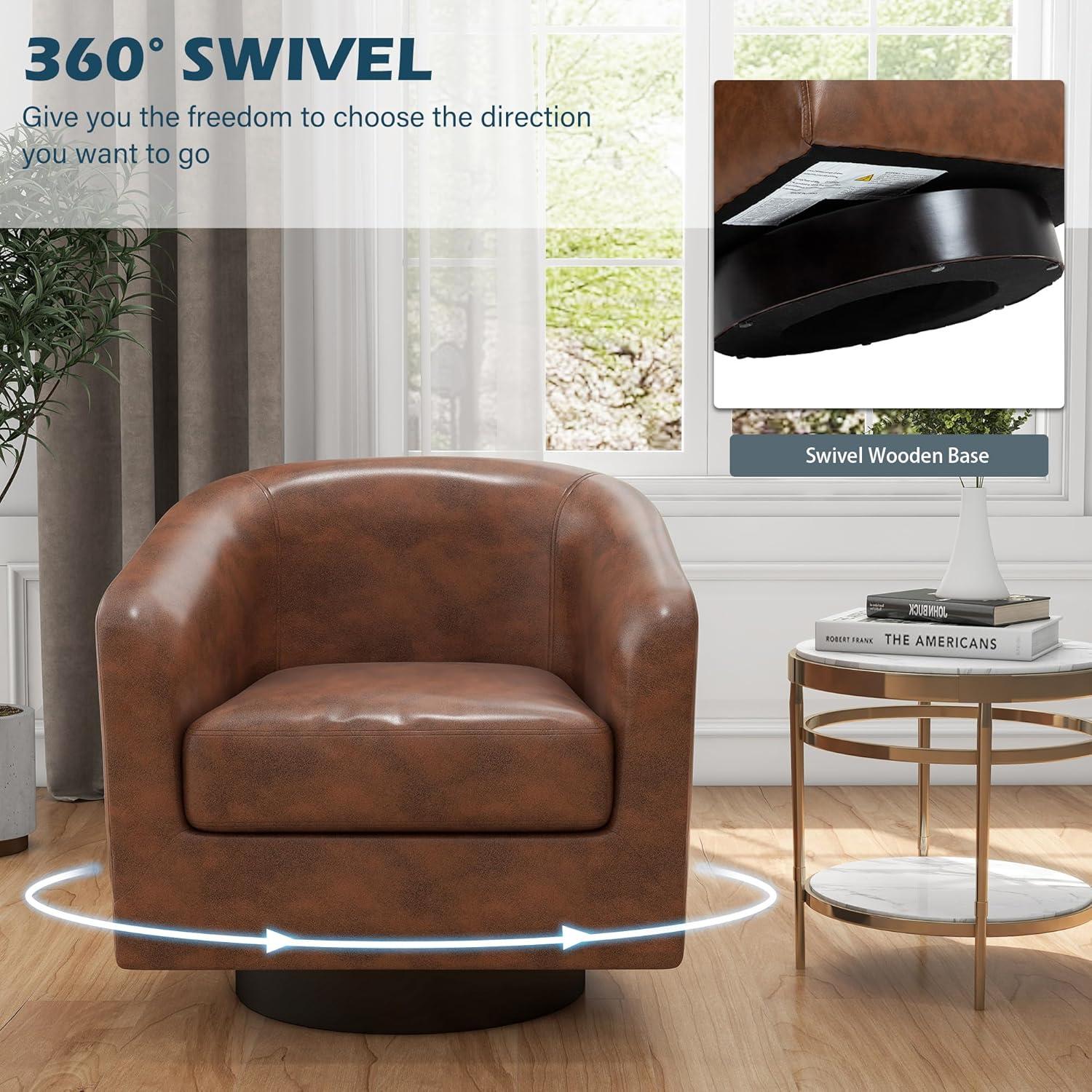 Brown Faux Leather Swivel Barrel Accent Chairs Set of 2