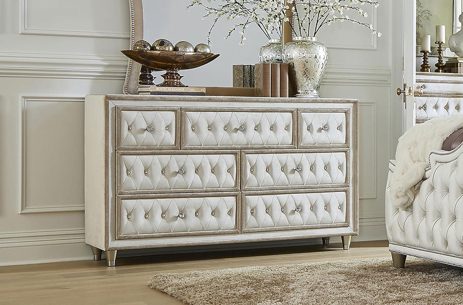 Coaster Antonella 7-Drawer Upholstered Velvet Dresser in Ivory and Camel