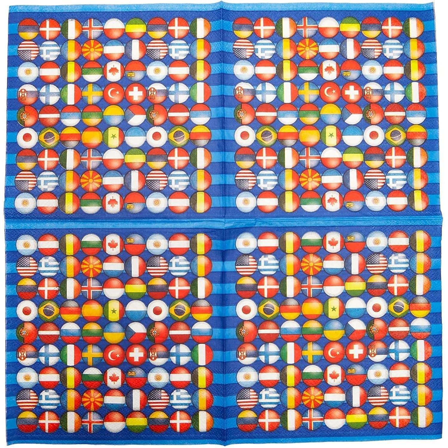 Blue Panda 100 Pack International Flag Disposable Paper Napkins 6.5" Party Supplies
