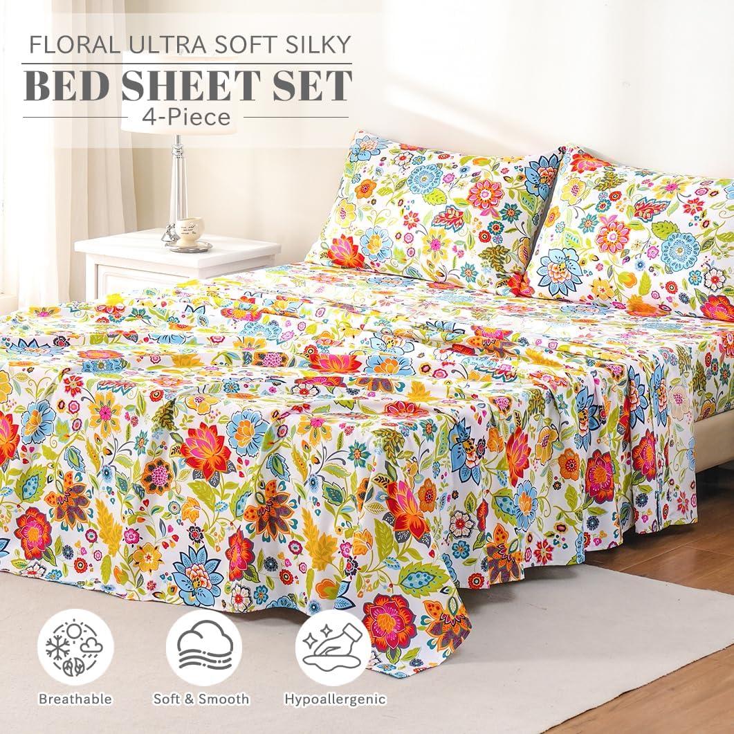 Bedlifes Full Sheet Set Ultra Soft, Breathable, Silky Flower Deep Pocket 100% Microfiber Bedding, 4 Piece Full Size with Floral Spring Design