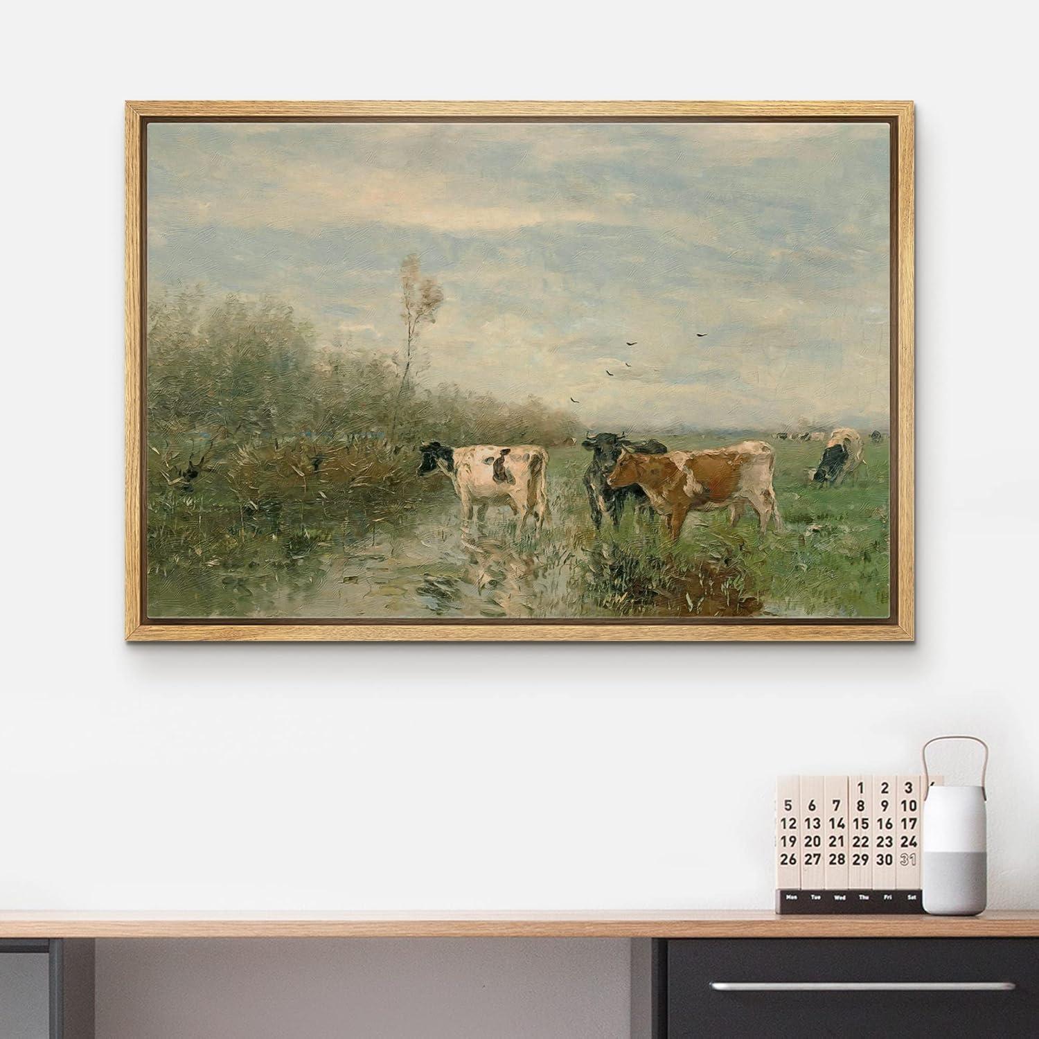 Cow in the River Landscape Farmhouse Country Pictures Decor Wall Art Framed Canvas Painting Print