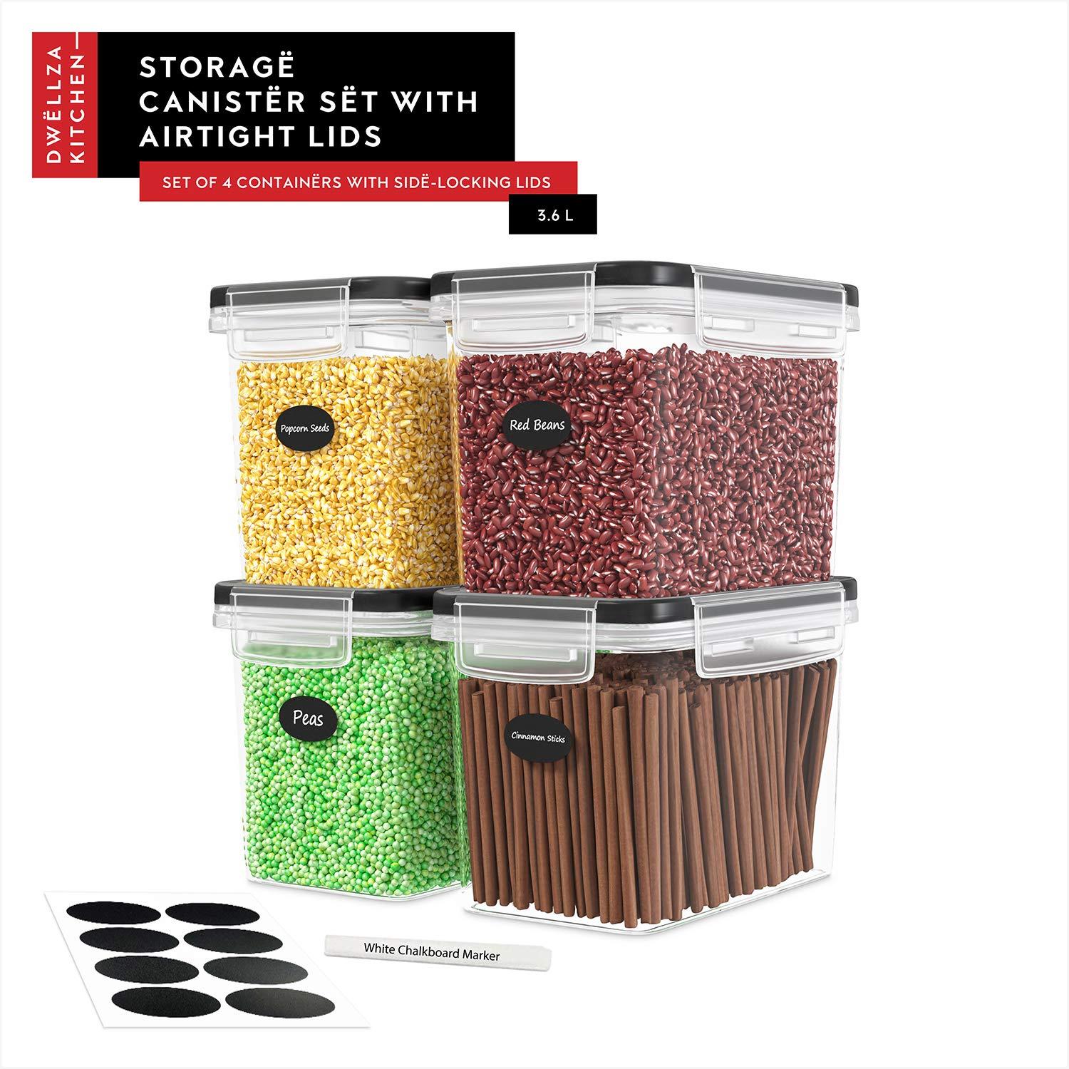 DWËLLZA KITCHEN Airtight BPA Free Plastic Food Storage Container 4 Pieces Set Includes 8 Labels and Marker