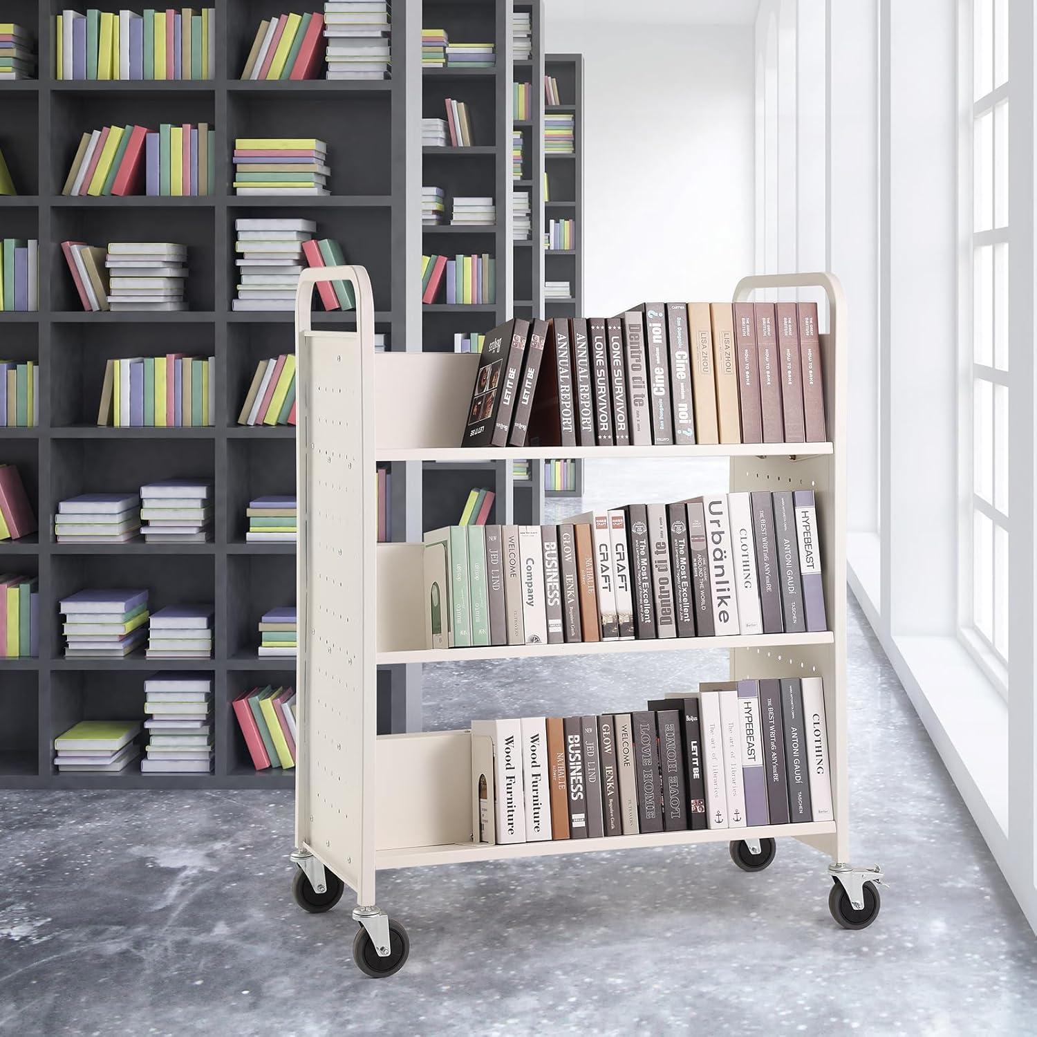 White Double-Sided Rolling Book Cart with Lockable Wheels