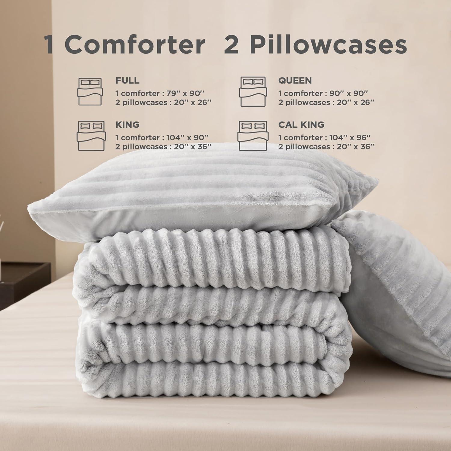 Andency King Size Comforter Set, Light Grey Soft Fluffy Comforter Set King Size, Winter Warm Fleece Faux Fur Bedding Set, Luxury Plush Fuzzy Bed Set 3 Pieces (1 Shaggy Comforter, 2 Pillowcases)