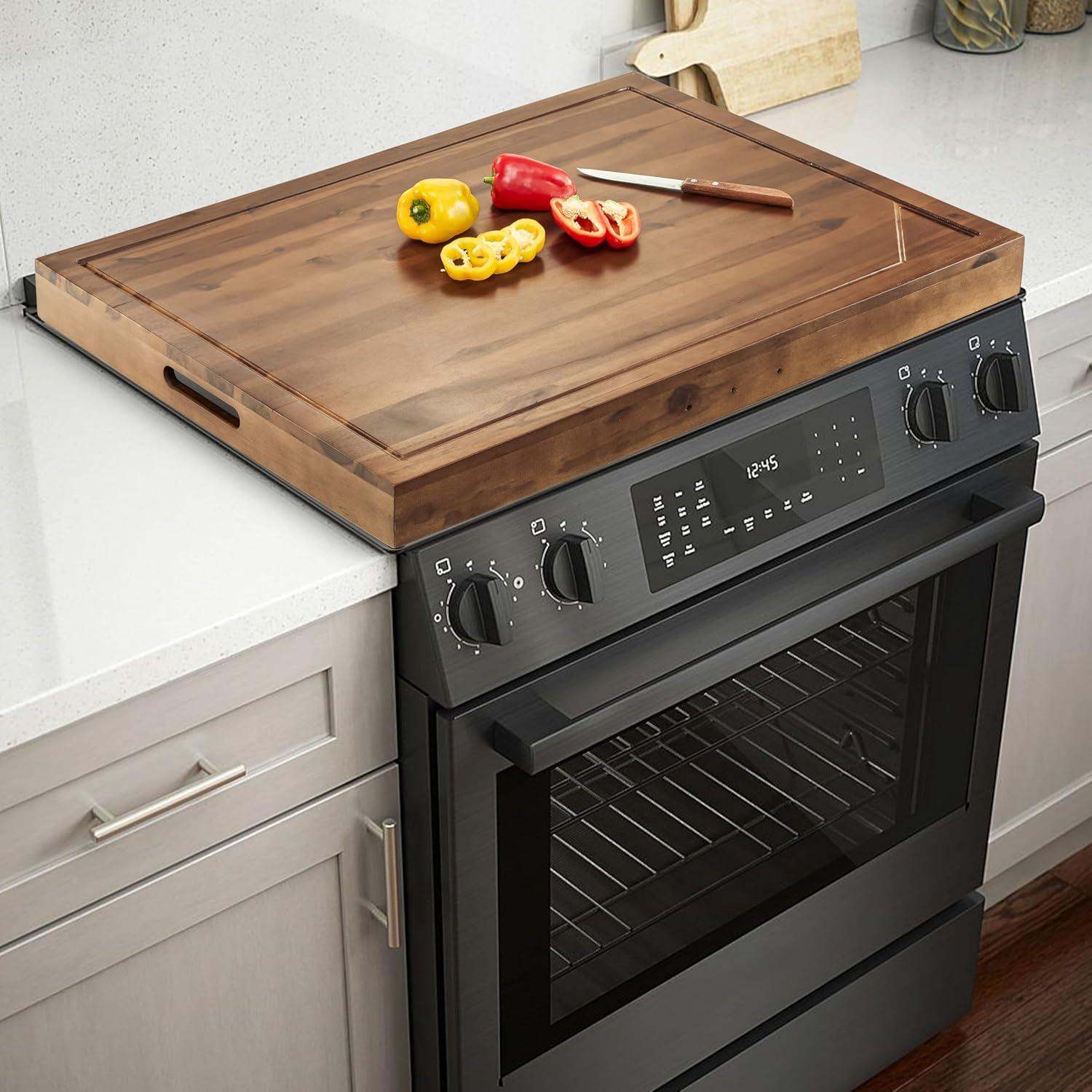 Acacia Wood Stove Top Cover with Metal Handles