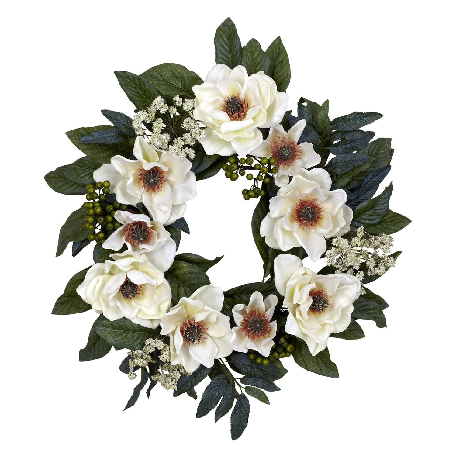 Nearly Natural 22-in Magnolia Wreath