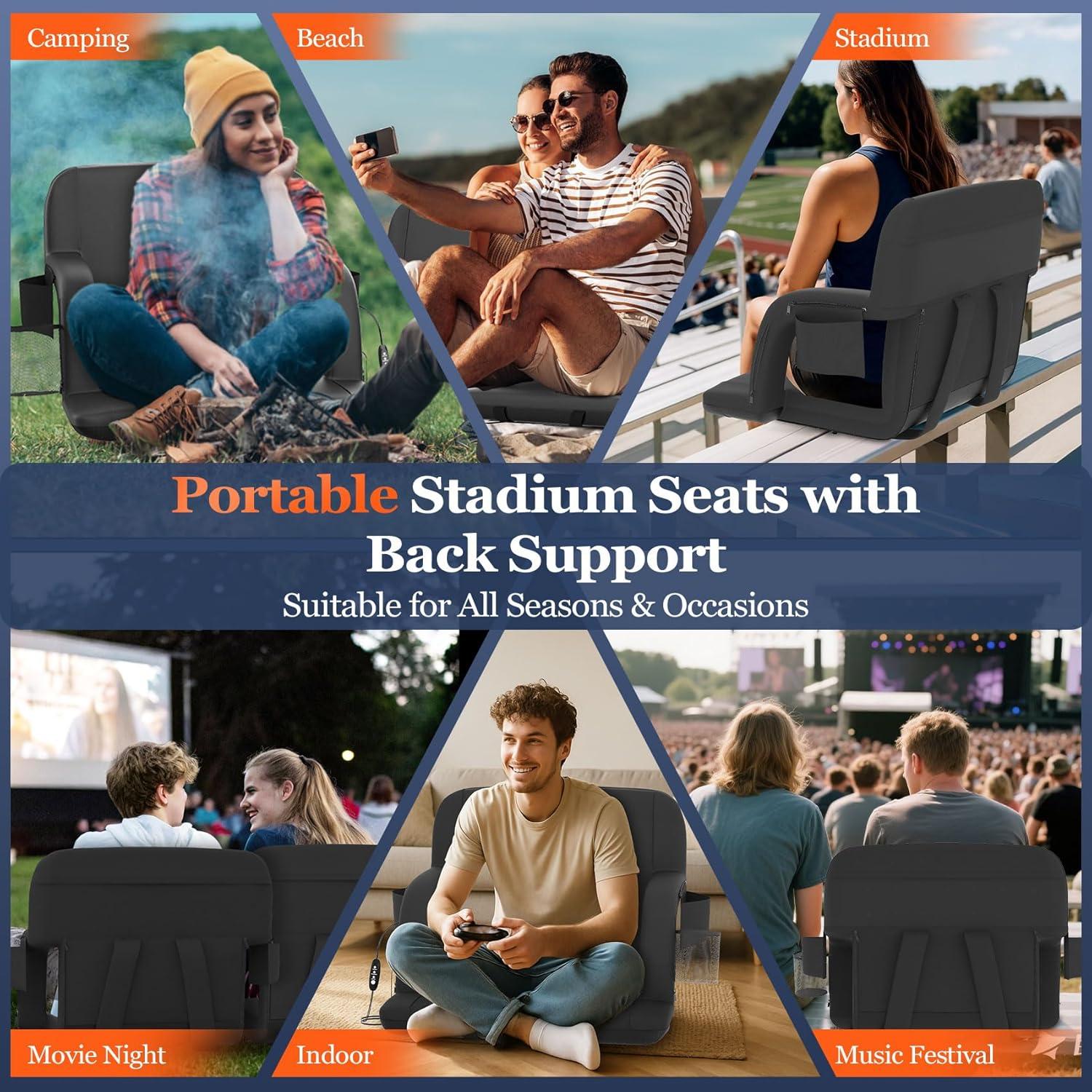 PNKKODW 21" 2PCS Foldable Heated Stadium Seats for Bleachers w/ Back Support, Extra Portable Bleacher Seat, USB 3 Levels of Heat, 5 Pockets for Outdoor Camping Games Sports(No Battery)