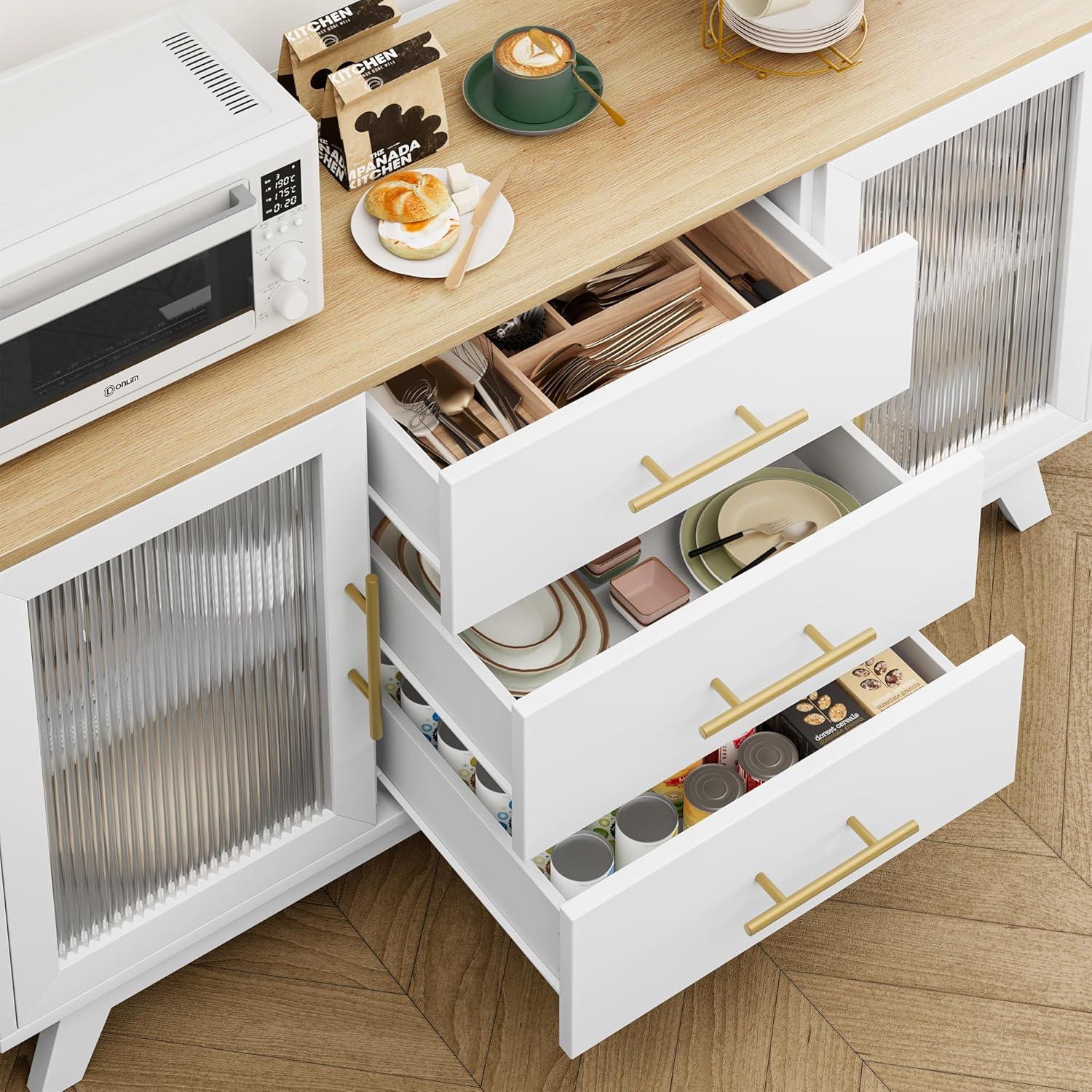 56" White Sideboard Buffet Cabinet with Natural Top and Fluted Glass Doors