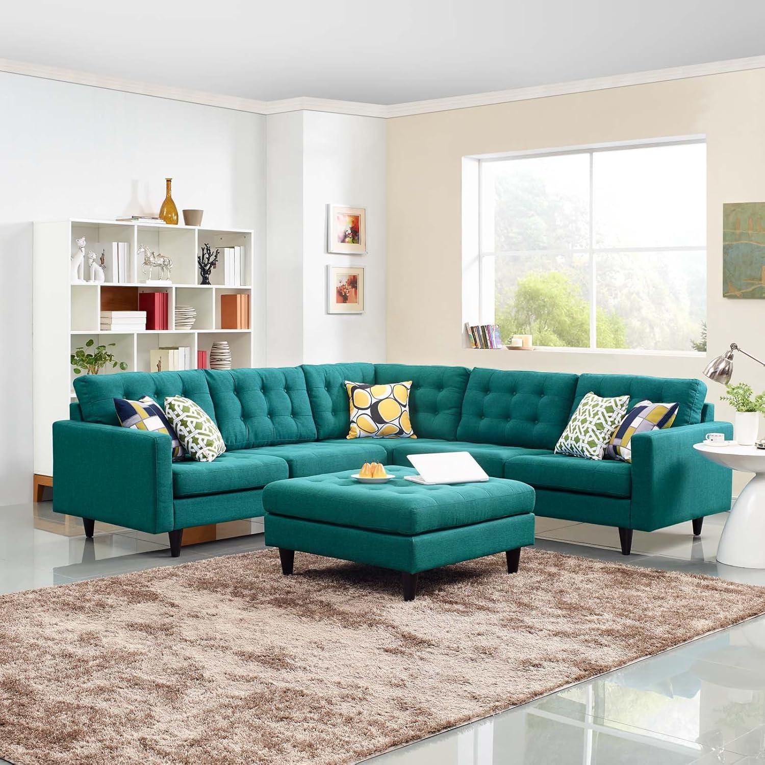 Teal Blue Tufted Fabric Three Piece Sectional Sofa