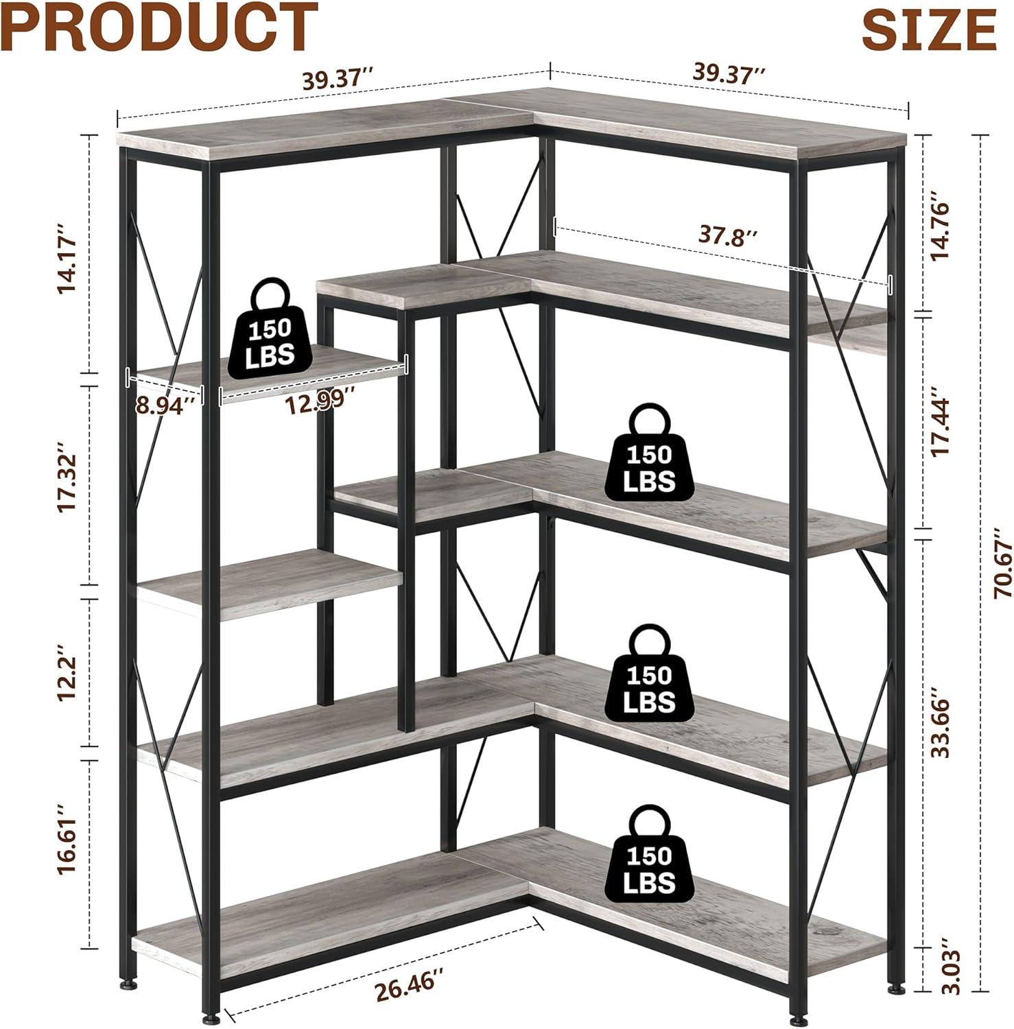 JAMFLY 5-Tier Corner Bookshelf, Industrial Corner Bookcase, Book Shelves with Metal Frame, Large Open Display Bookshelves, L-Shaped Shelf for Living Room, Home Office, Rustic Brown