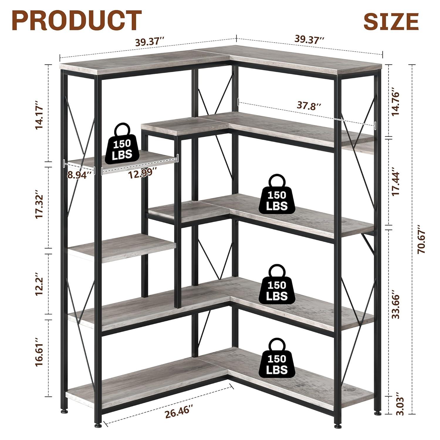L-Shaped Corner Bookshelf, 5-Tier Industrial Bookcase with Heavy-Duty Metal Frame, Tall Storage Display Shelf for Bedroom, Living Room, and Home Office
