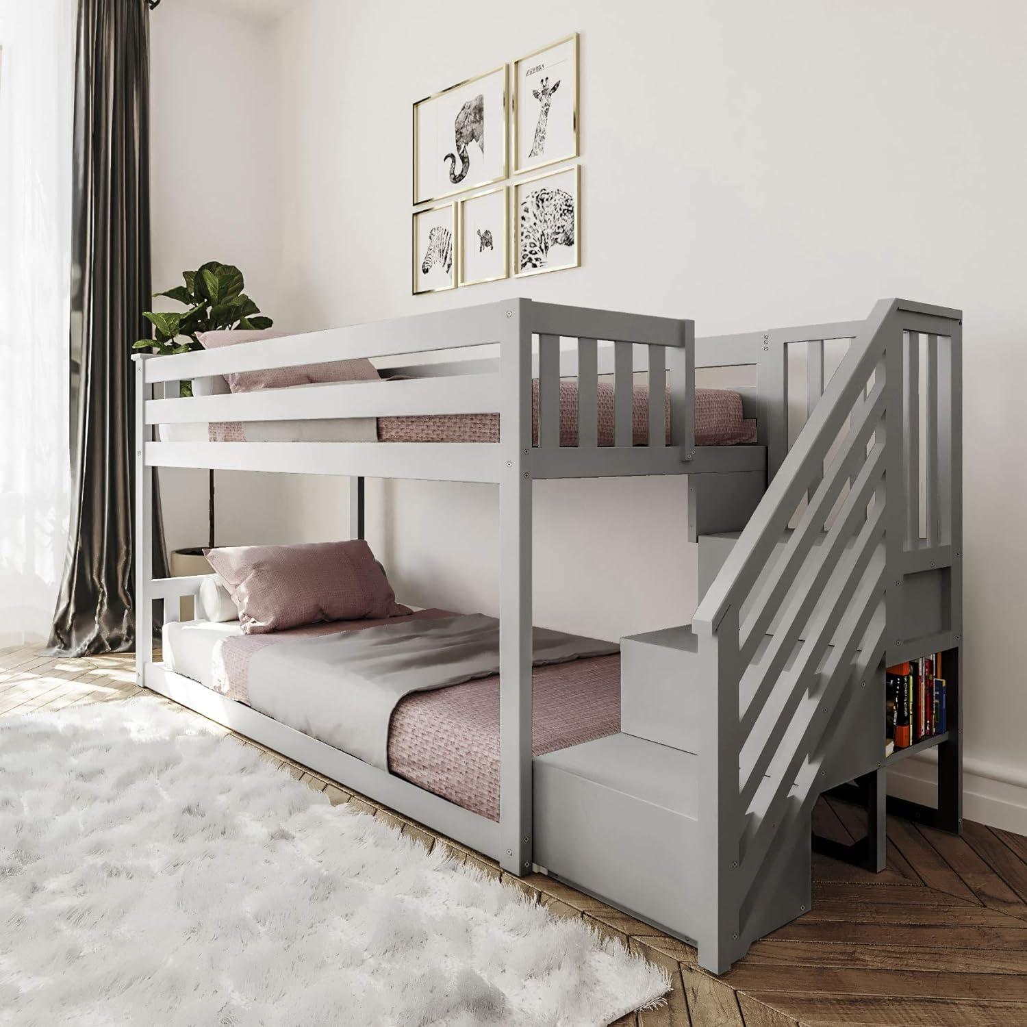 Gray Twin Over Twin Low Bunk Bed with Storage Stairs