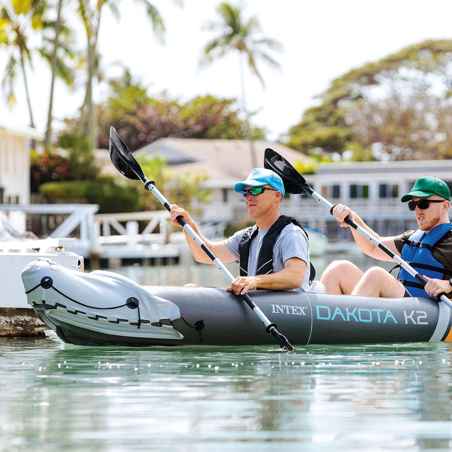 Intex Dakota K2 2 Person Inflatable Vinyl Kayak and Accessory Kit with 86 Inch Oars, Air Pump, and Carry Bag for Lakes and Rivers, Gray and Red