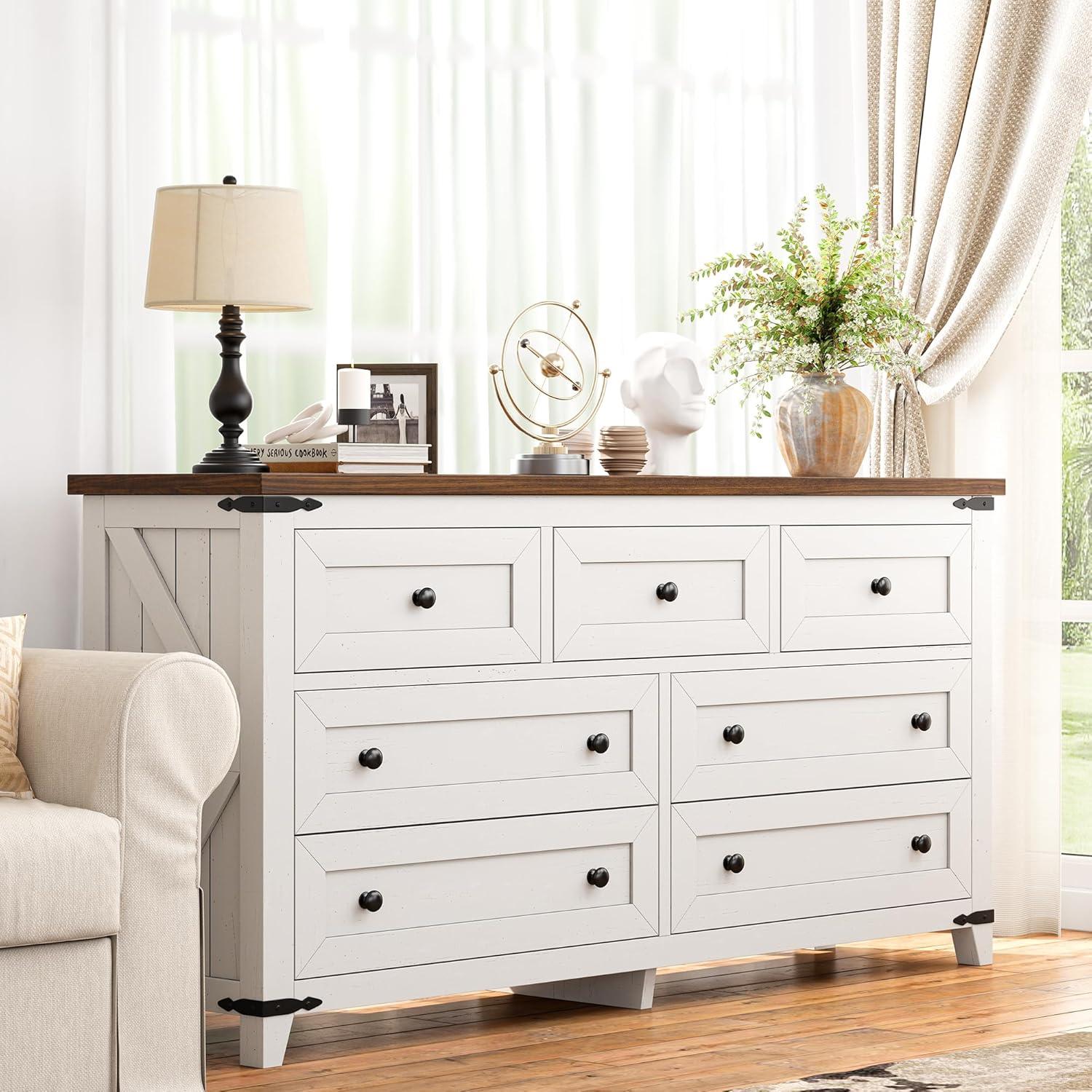 Wood Dresser For Bedroom With 7 Drawers, Farmhouse Chest Of Drawers