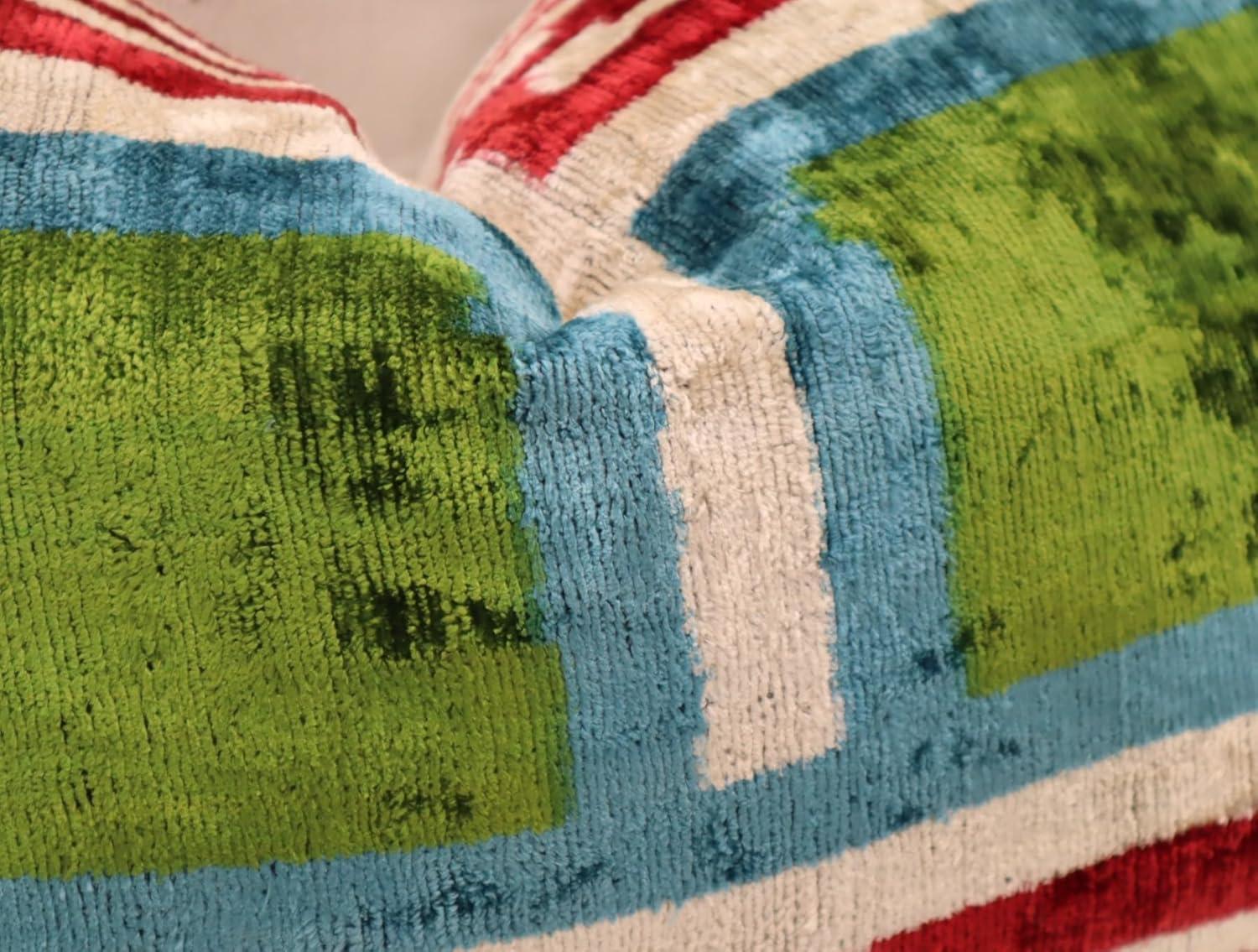 Handmade Luxury Velvet Throw Pillow with Down Feather Insert, 16"x24", Red, Green, Blue, and Cream Geometric Pattern, Decorative Cushion for Living Room, Bedroom, and Home Décor
