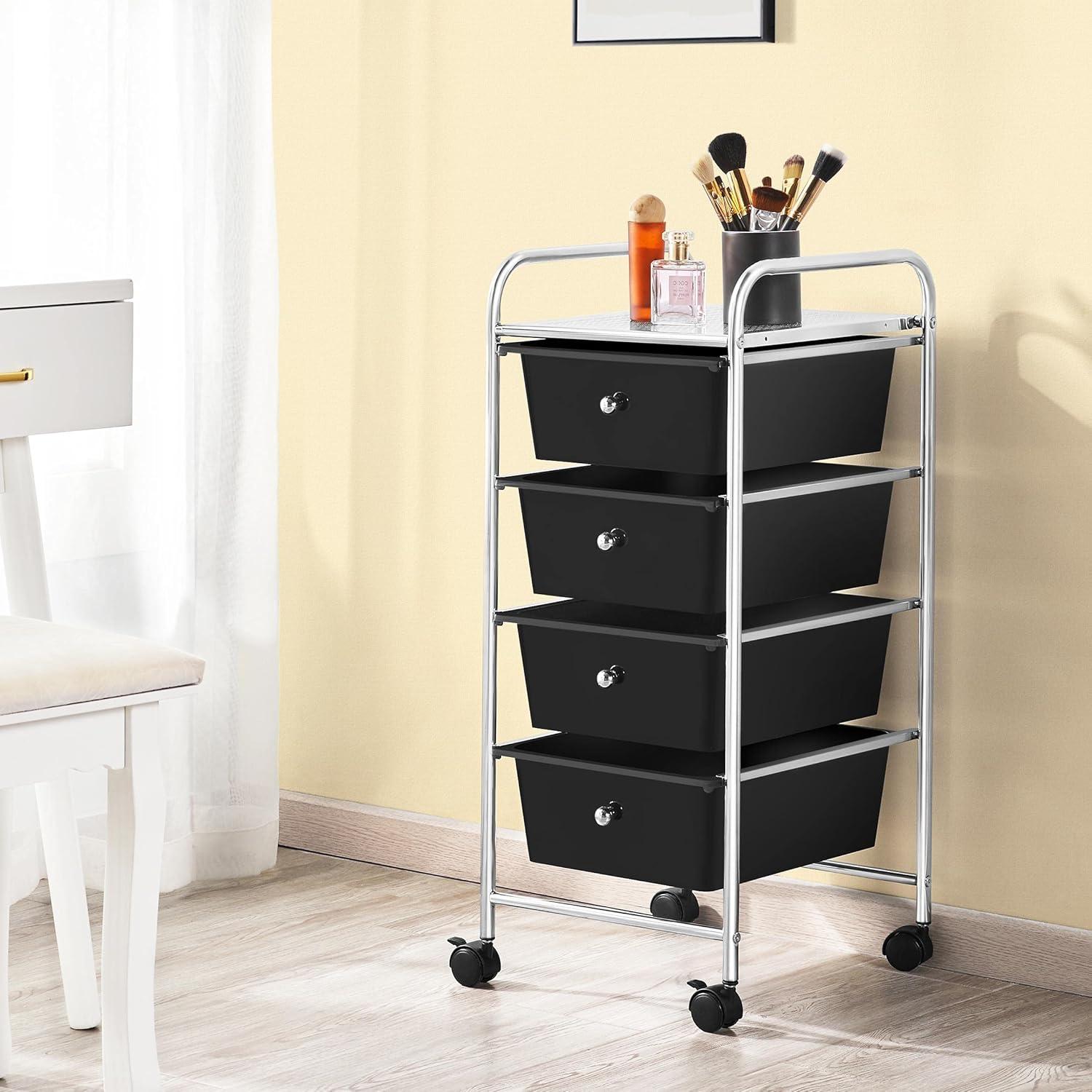 Yaheetech 4 Drawers Rolling Storage Cart Metal Frame Plastic Drawers for Office Home Study,Black