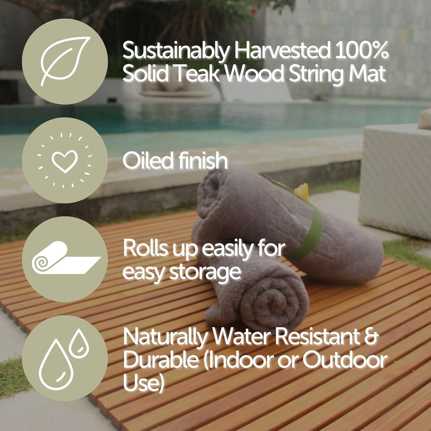 Nordic Teak 59" x 35" Extra Large Oiled Shower and Bath String Mat with Rubber Footing - Brown