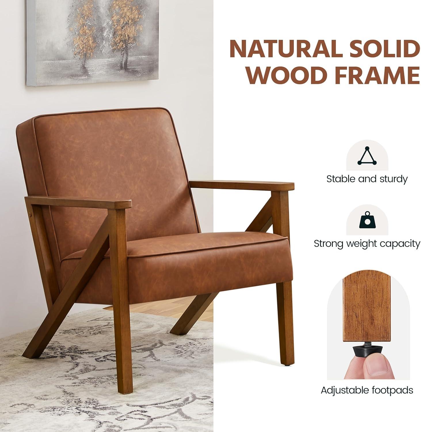 Yaheetech Faux Leather Armchair Accent Chair with Wood Legs for Living Room, Light Brown