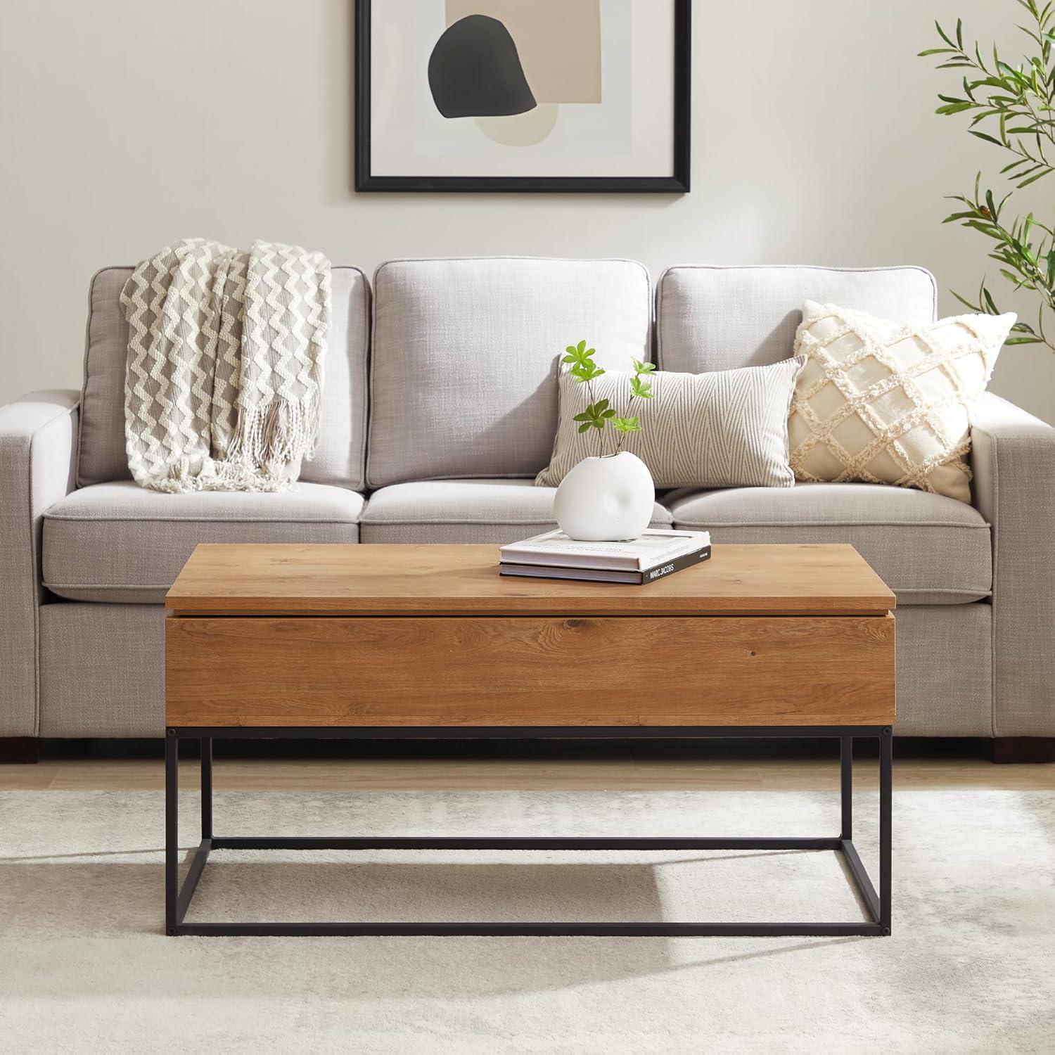 Walker Edison Modern Wood and Metal Lift-Top Coffee Table, English Oak