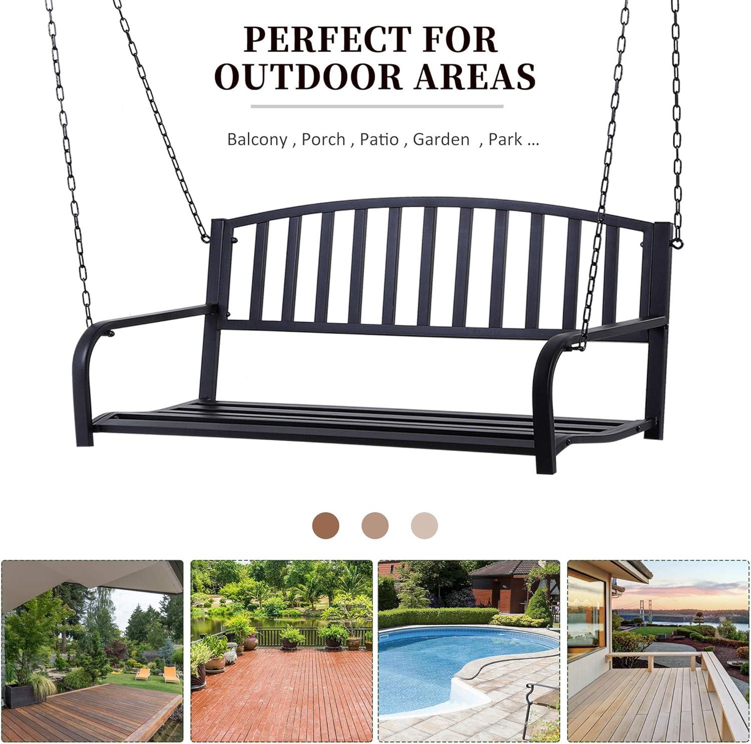 Outsunny 2-Person Metal Outdoor Porch Swing, Hanging Outdoor Swing Chair, Hanging Steel Patio Bench for Deck, 528lb Weight Capacity, Black