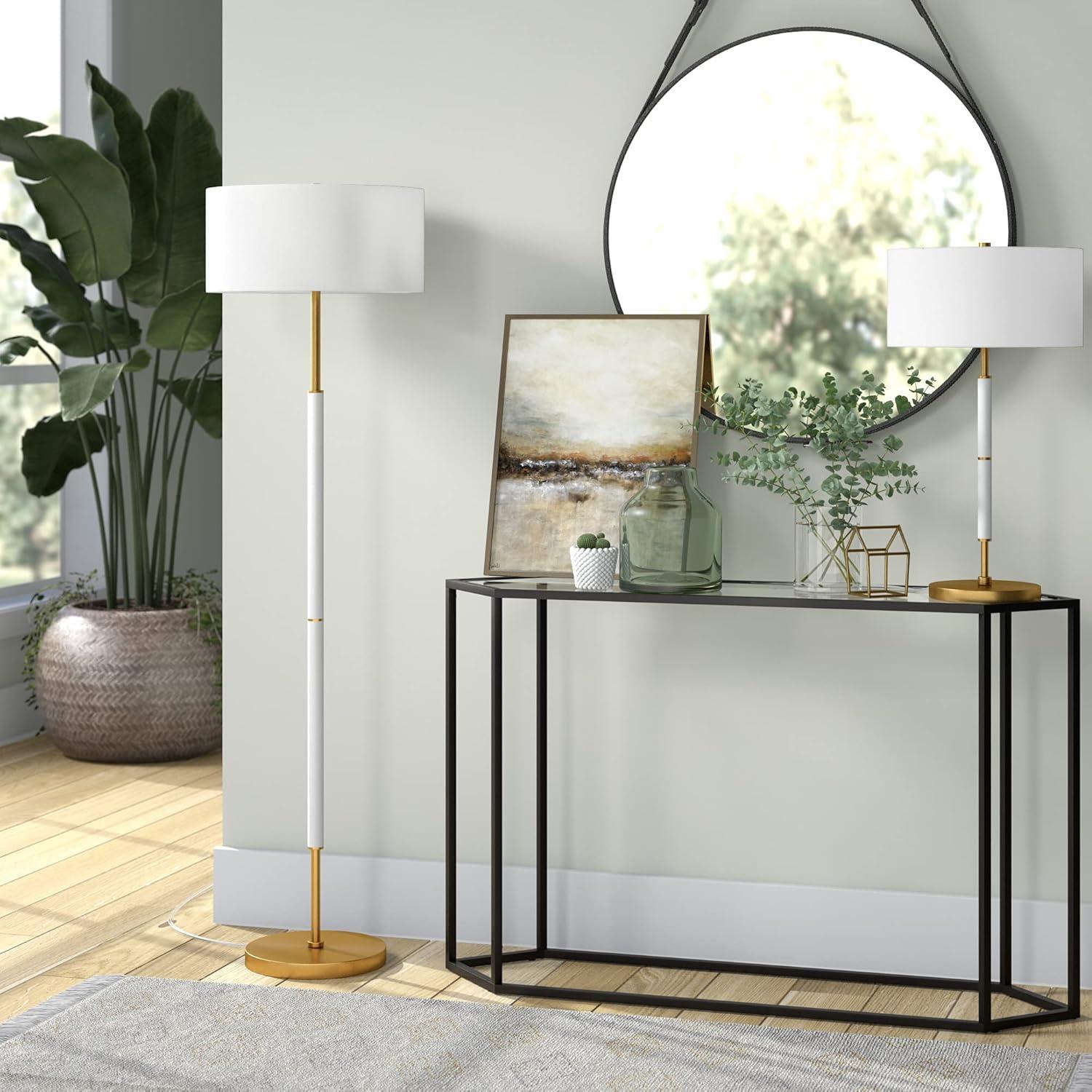 Evelyn&Zoe Simone 2-Light Floor Lamp with Fabric Shade, Matte White/Brass/White