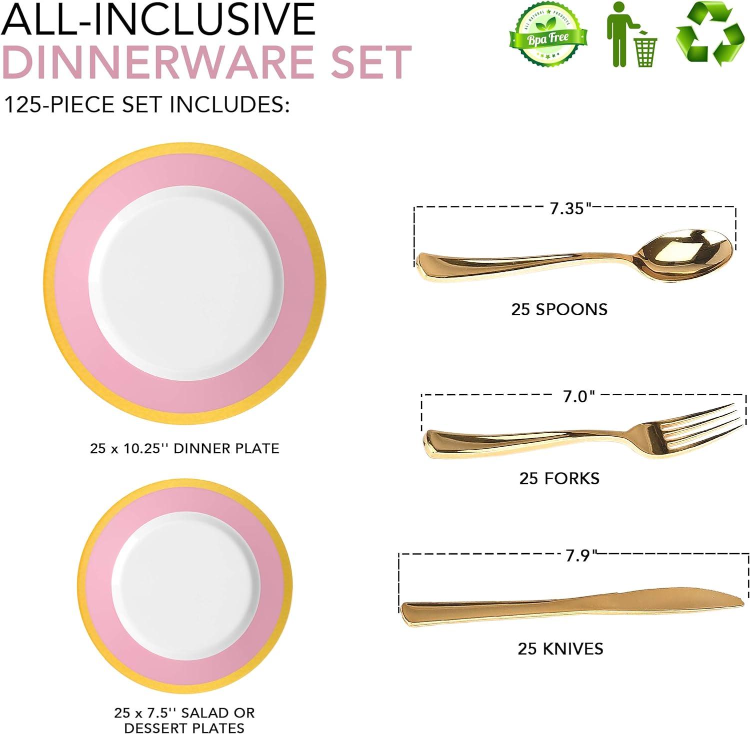 125-Piece White, Pink, and Gold BPA-Free Disposable Dinnerware Set