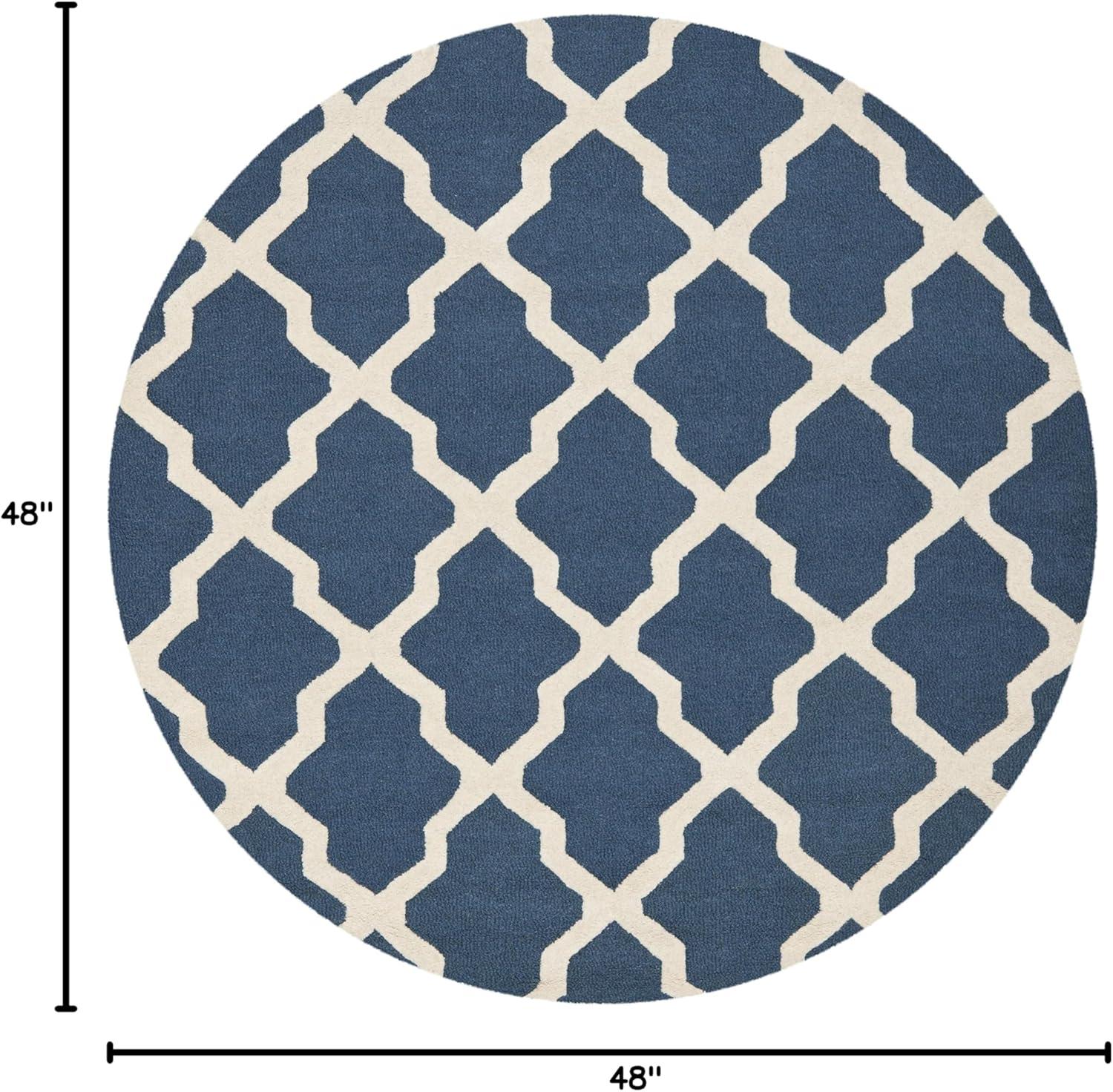 Ivory and Navy Blue Hand-Tufted Wool Round Area Rug