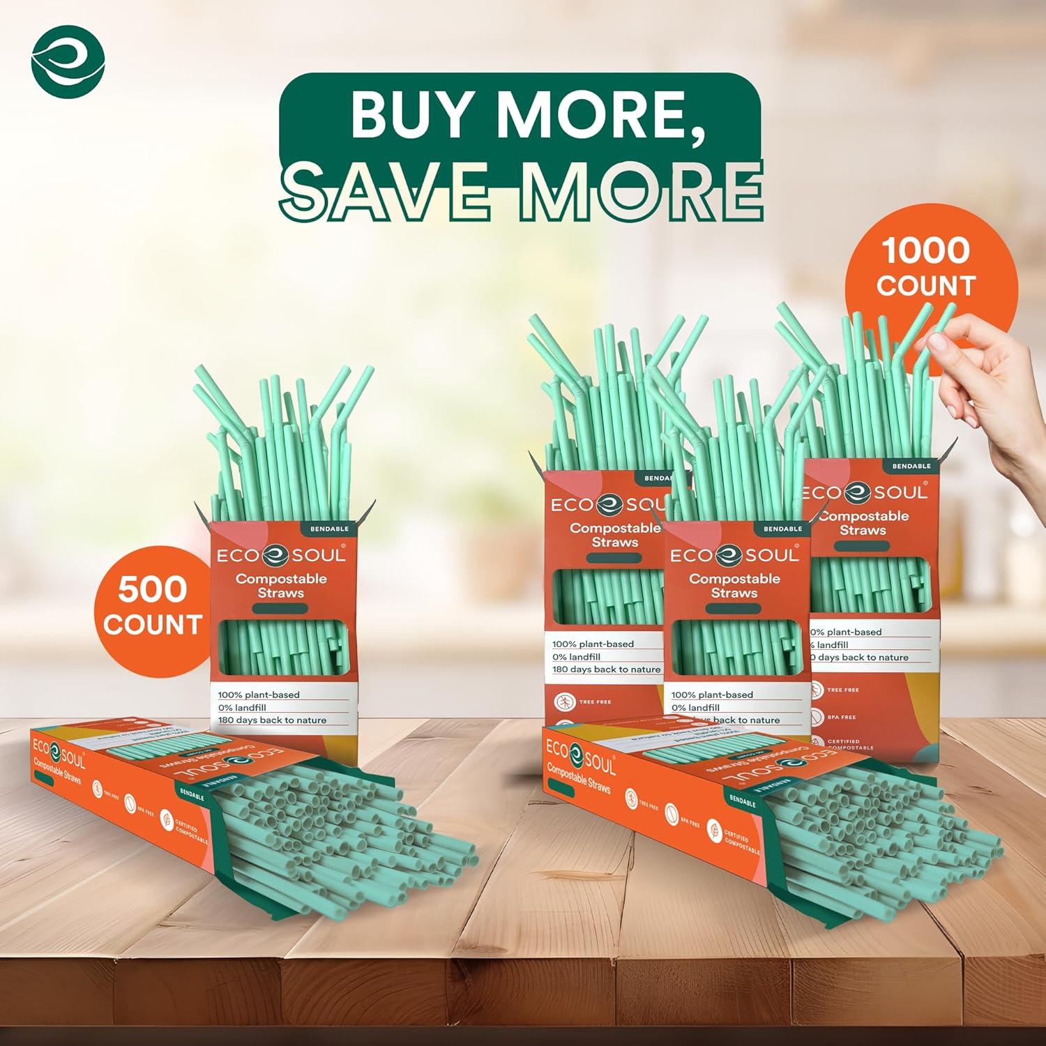 ECO SOUL 100% Compostable Straws [100 Count] [8.25"] Eco-Friendly Biodegradable Sustainable Disposable Straws, Cocktail Cold Drink Smoothie Bendable Straws