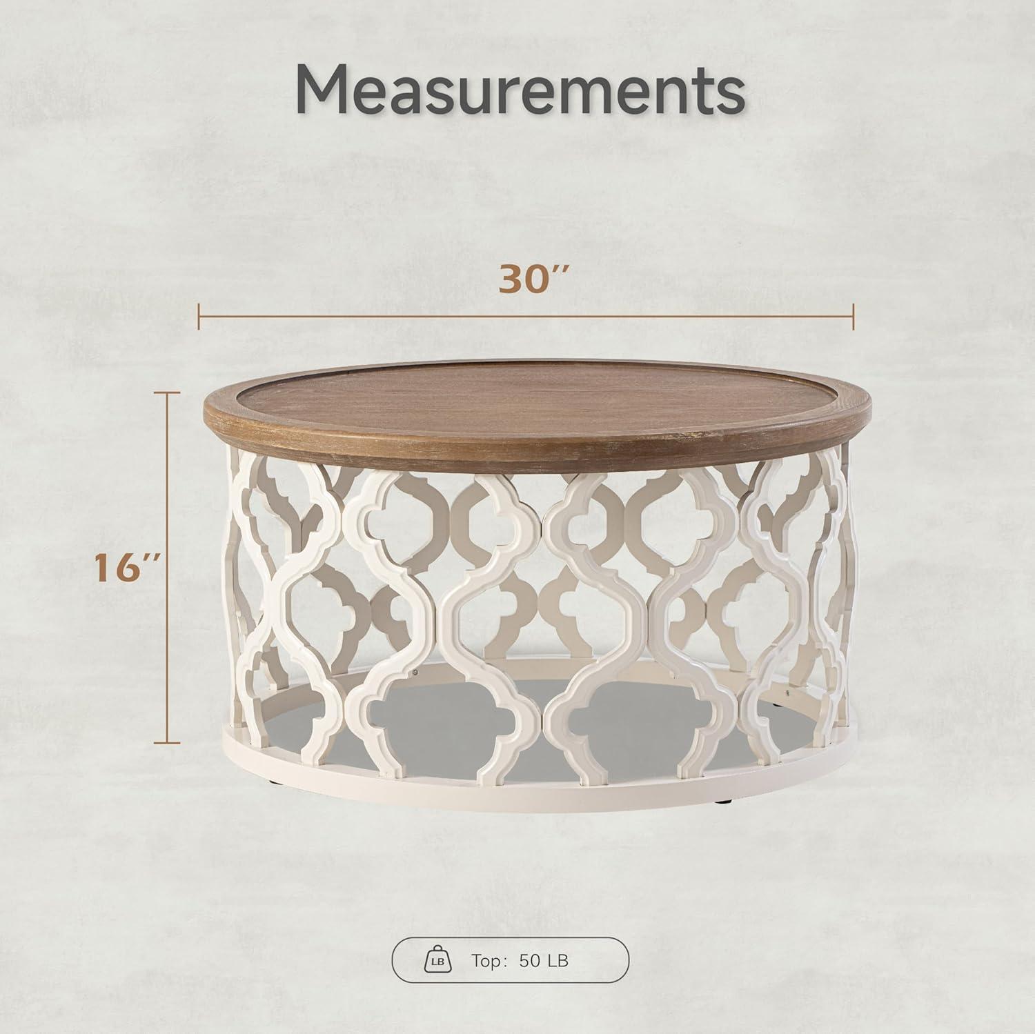 COZAYH Rustic Coffee Table, Distressed Wood Top Table with Curved Motif Frame Base for Boho, Farmhouse Decor, Round