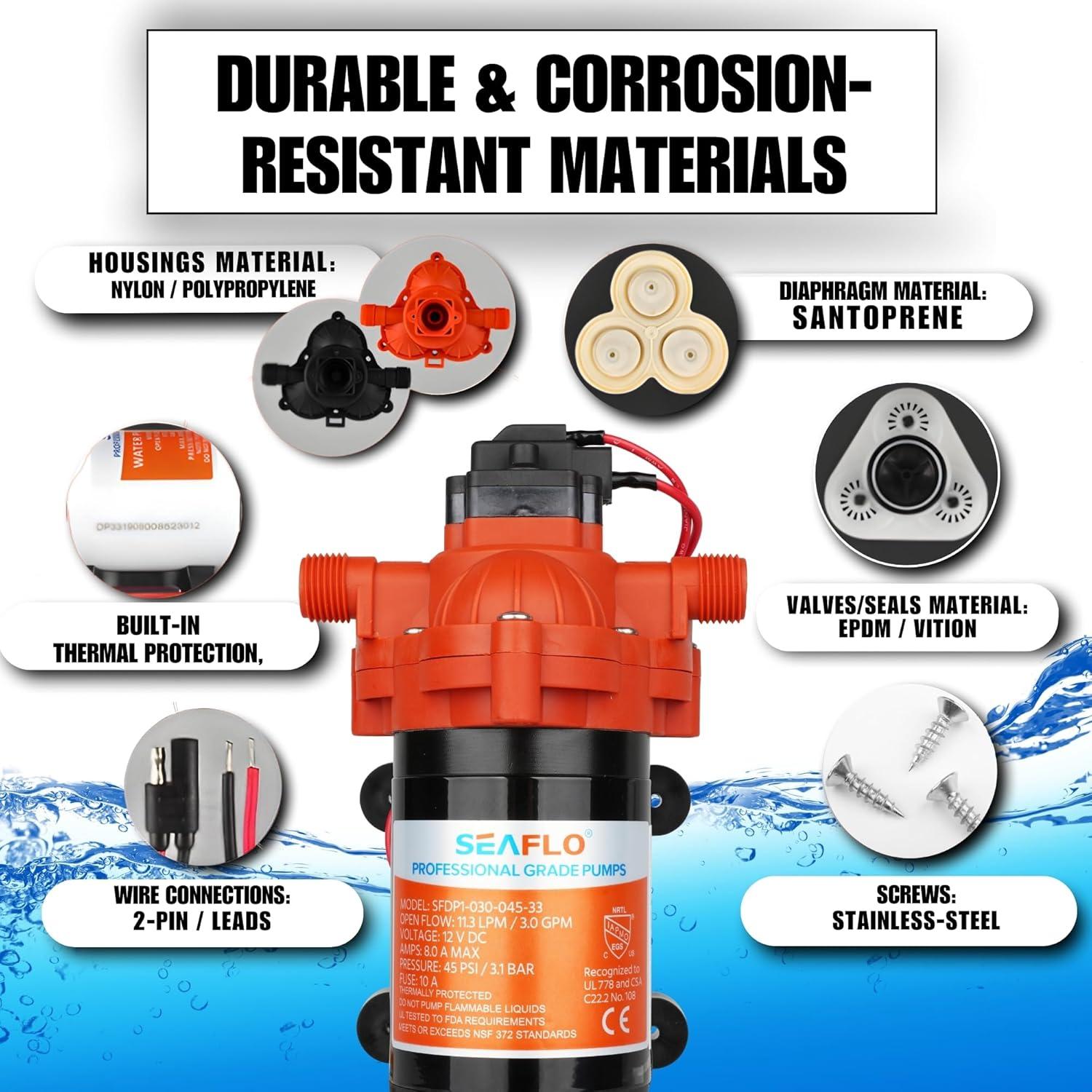 SEAFLO 123ABC, 3.0A, 12V, Orange and White, Diaphragm Self Priming Water Transfer Pump, 3.0 GPM