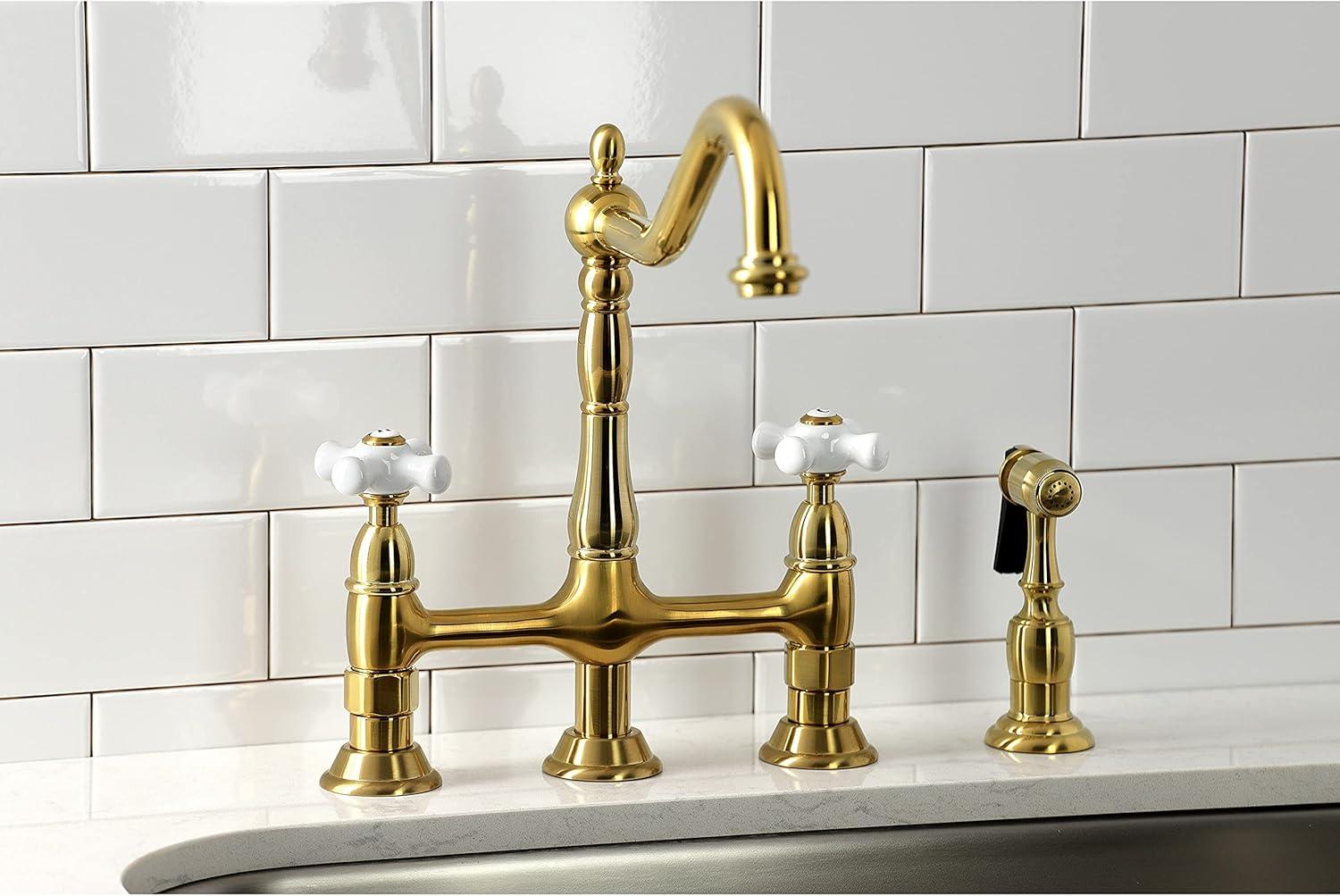 Kingston Brass Heritage Two-Handle 4-Hole Deck Mount Bridge Kitchen Faucet with Brass Side Sprayer