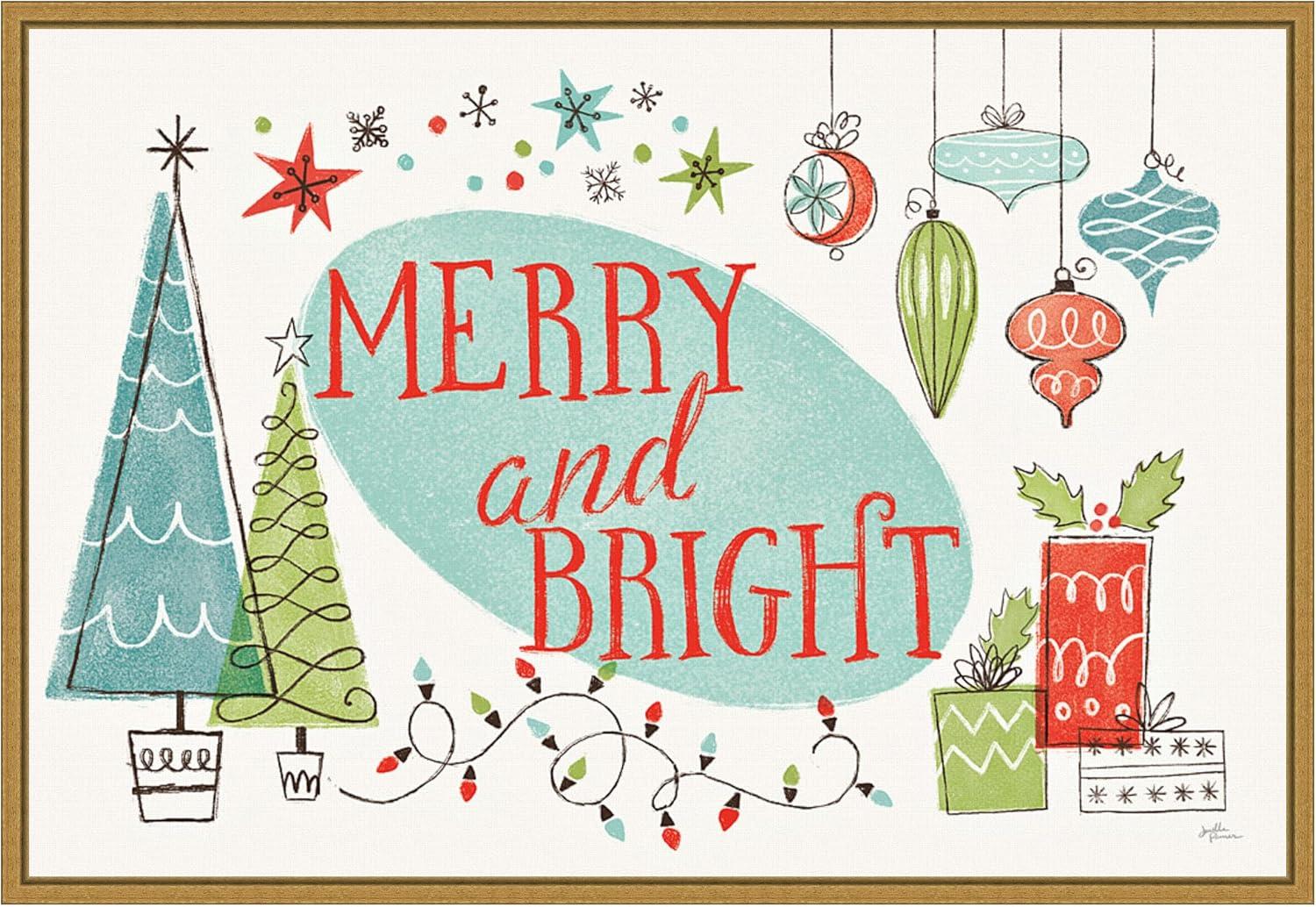 Merry and Bright Christmas Tree Canvas Print with Gold Frame