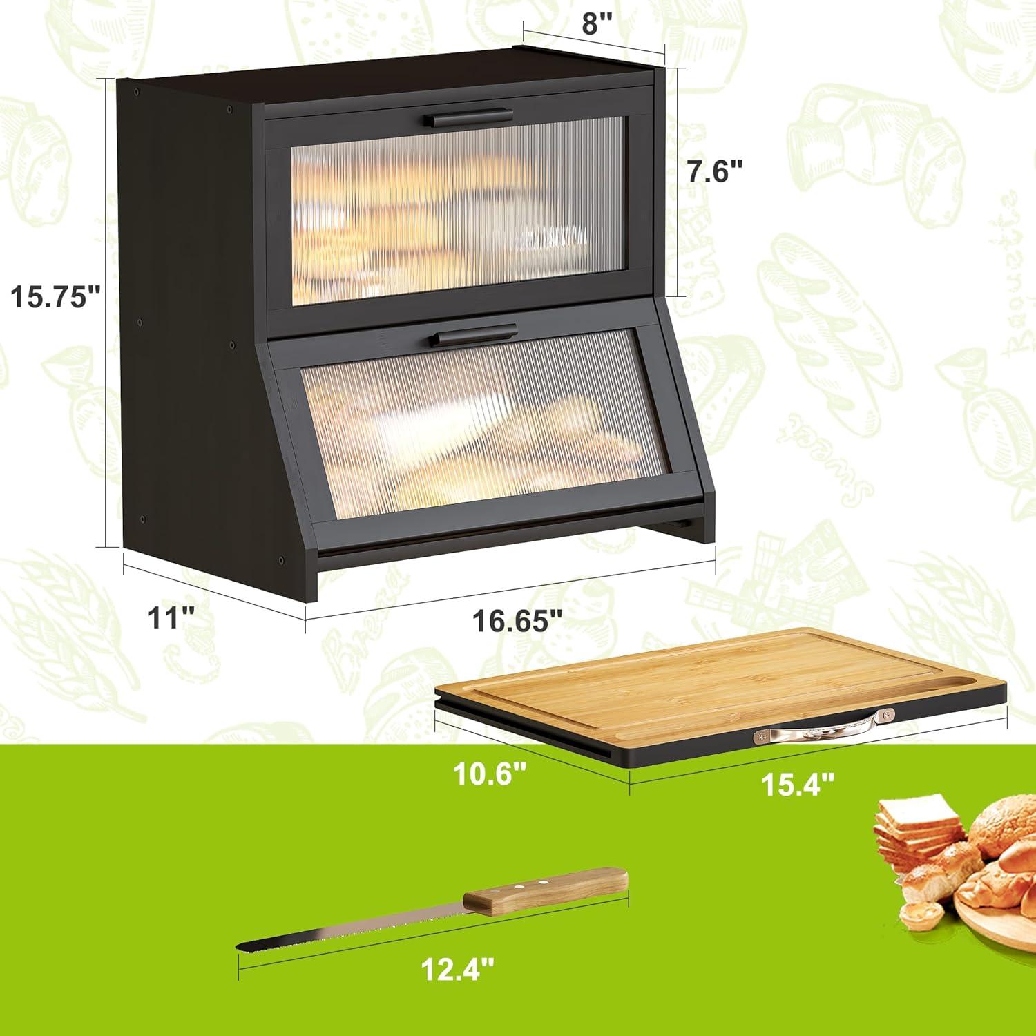 Prep & Savour Large Bread Box For Kitchen Counter, Bamboo Wooden Double Layer Large Capacity Bread Storage Bin With Acrylic Wavy Door Panel (Natural + Cutting Board)