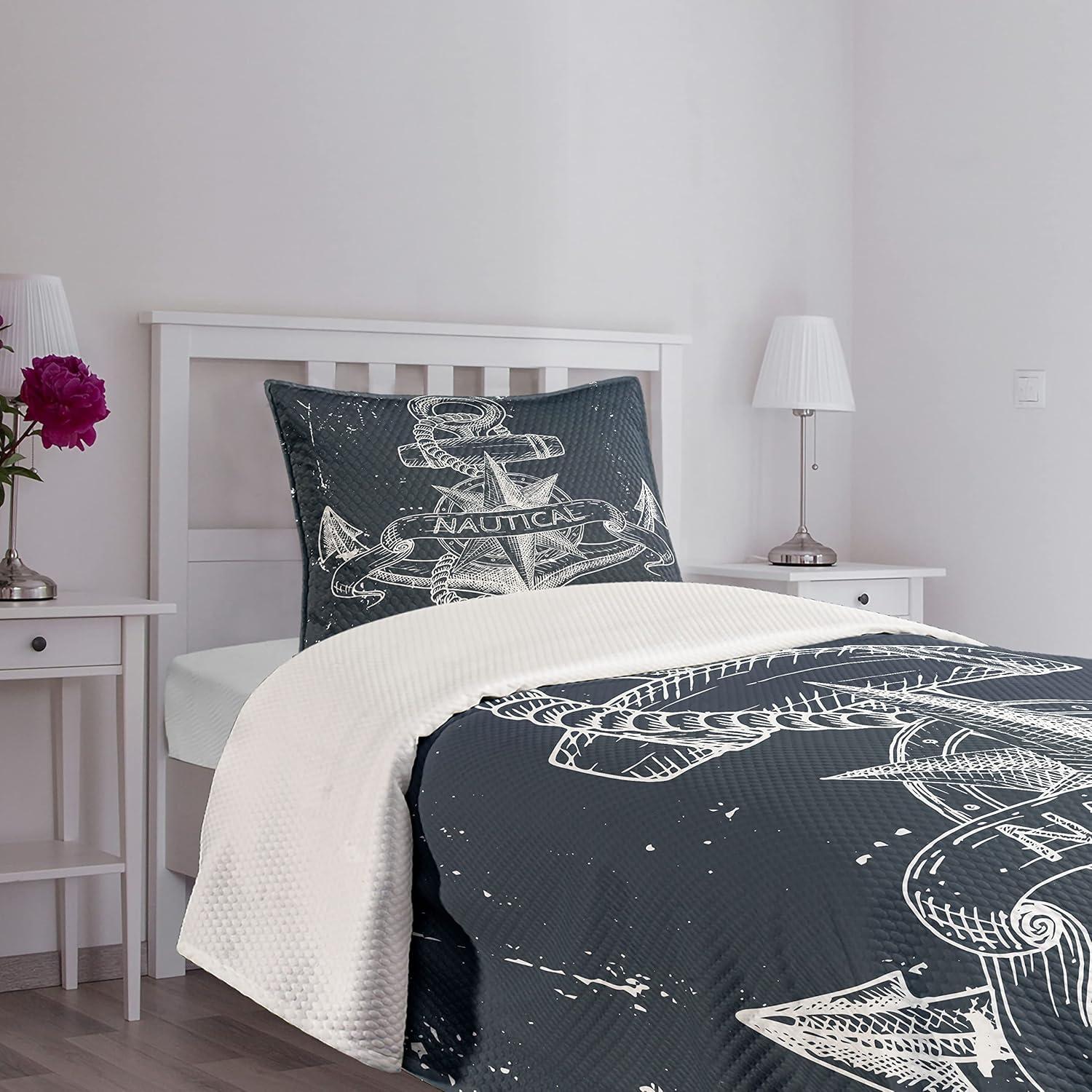 Ambesonne Ambesonne Nautical Bedspread Set Knot Anchor Compass Dark Blue White