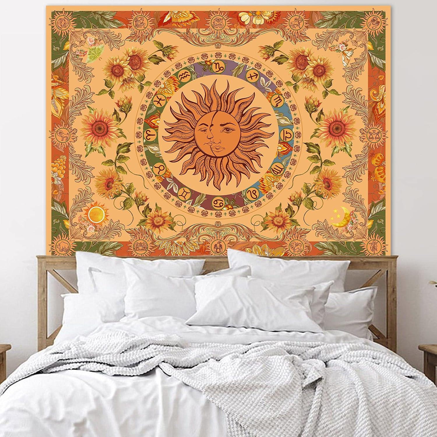 Orange Sun and Moon Polyester Tapestry with Sunflowers, 60'' × 80''