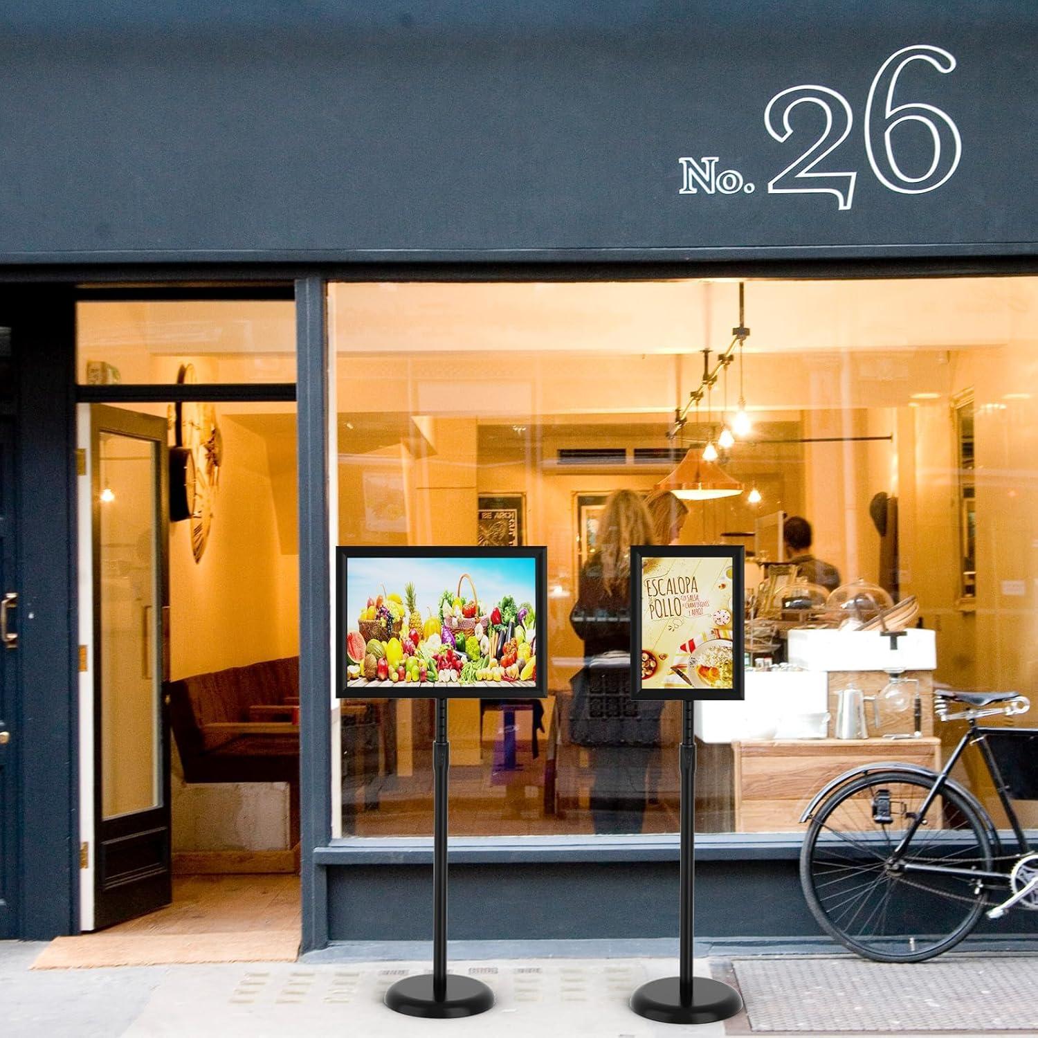 Adjustable Sign Holder Stand 8.5x11 inch,Pedestal Floor Signage Standing Holder with Heavy Duty Base, Aluminum Snap Open Frame Display for Business Restaurant, Mall,Schools-1 Pack