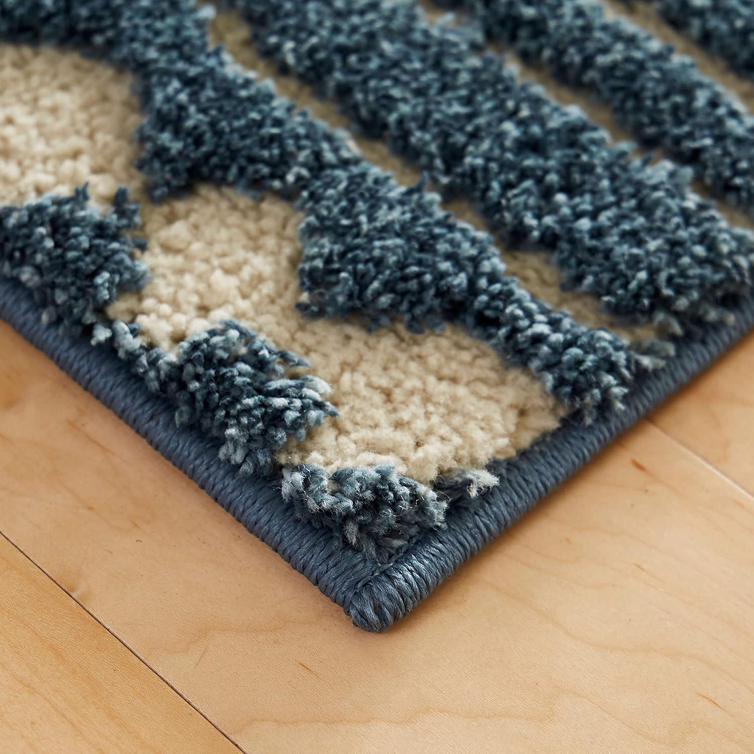 Blue Geometric Shag Runner Rug, 2' x 8'