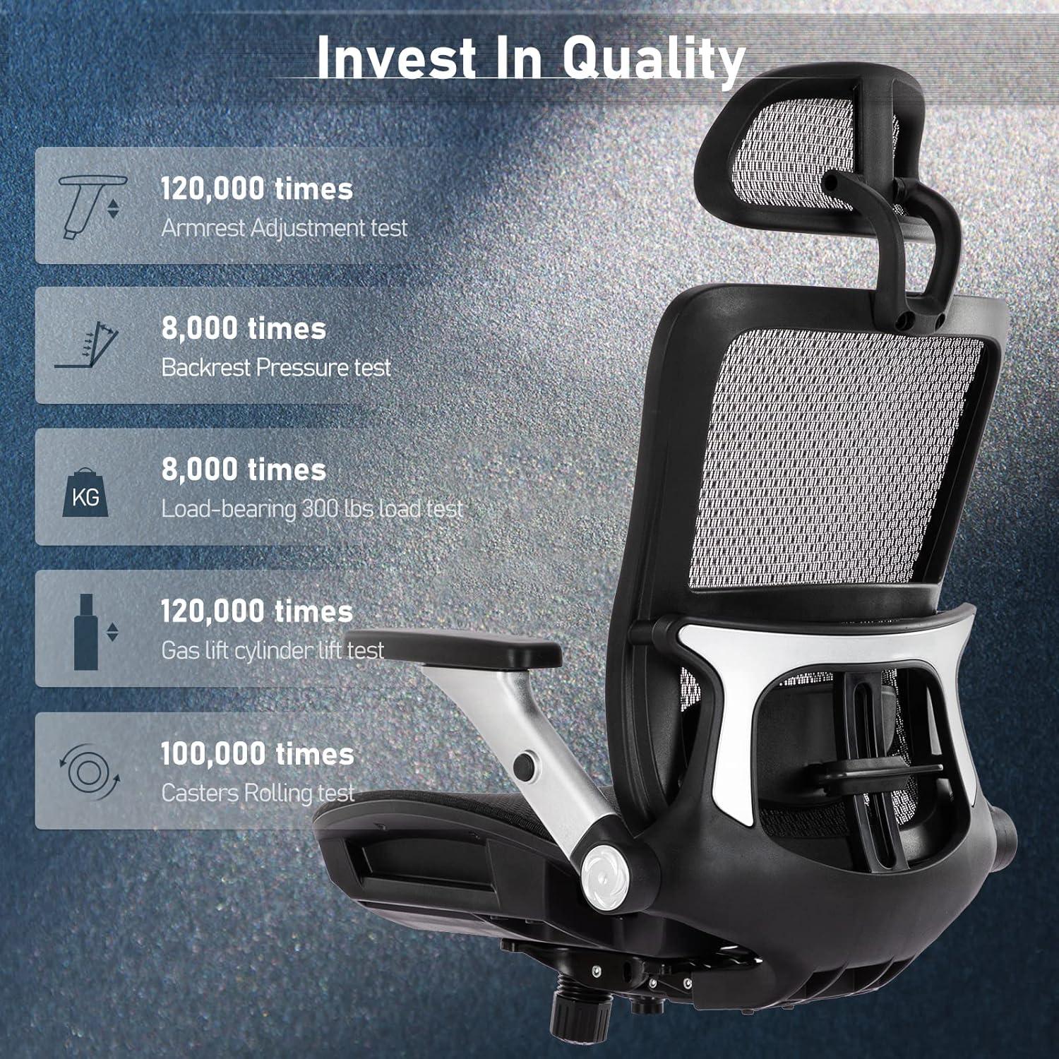 COLAMY Ergonomic Mesh Office Chair with Footrest, High Back Computer Executive Desk Chair with Headrest and 4D Flip-up Armrests, Adjustable Tilt Lock and Lumbar Support-Black