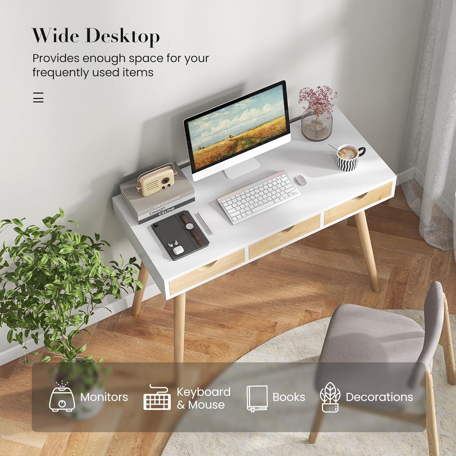 Canddidliike Computer Desk with 3 Drawers and Solid Rubber Wood Legs for Home Office, Gaming Desk, Gaming Computer Desks for Study,Working,Writing