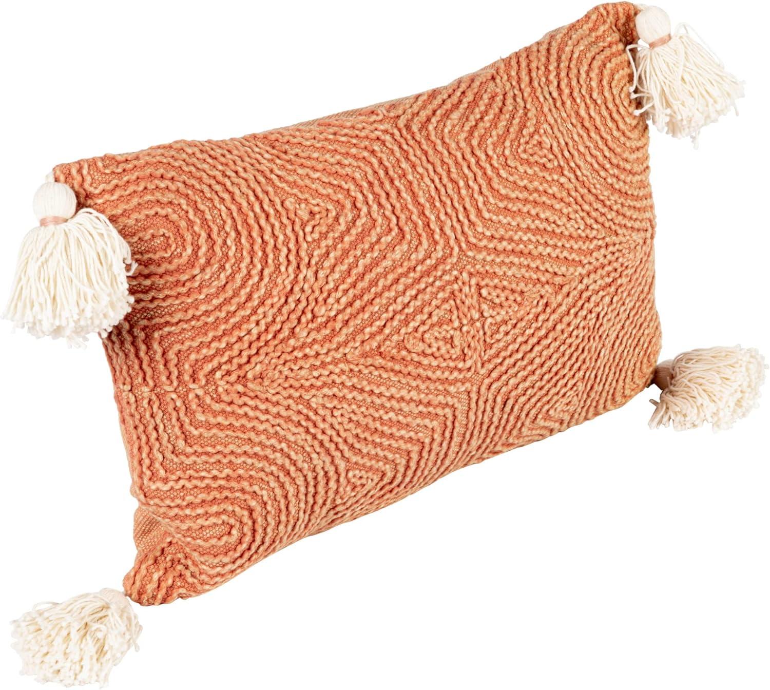 Bloomingville Cotton Lumbar Pillow with Embroidery and Tassels, Rust and Natural