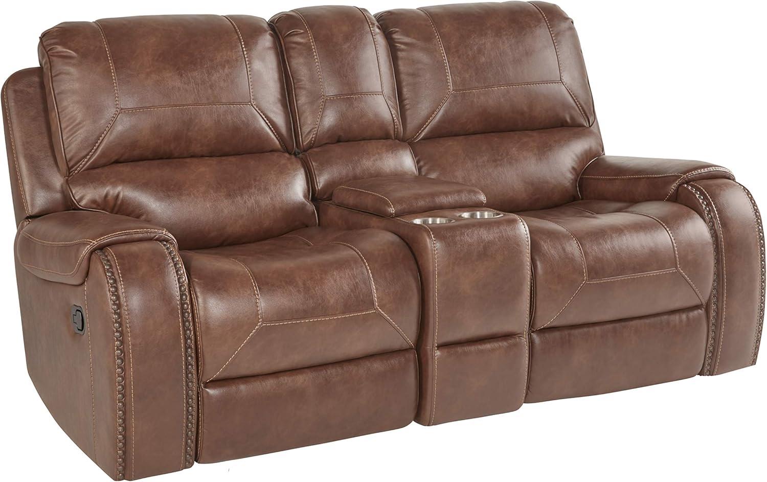 Brown Leather-Air Nailhead Manual Reclining Sofa and Loveseat with Storage Console and USB Port