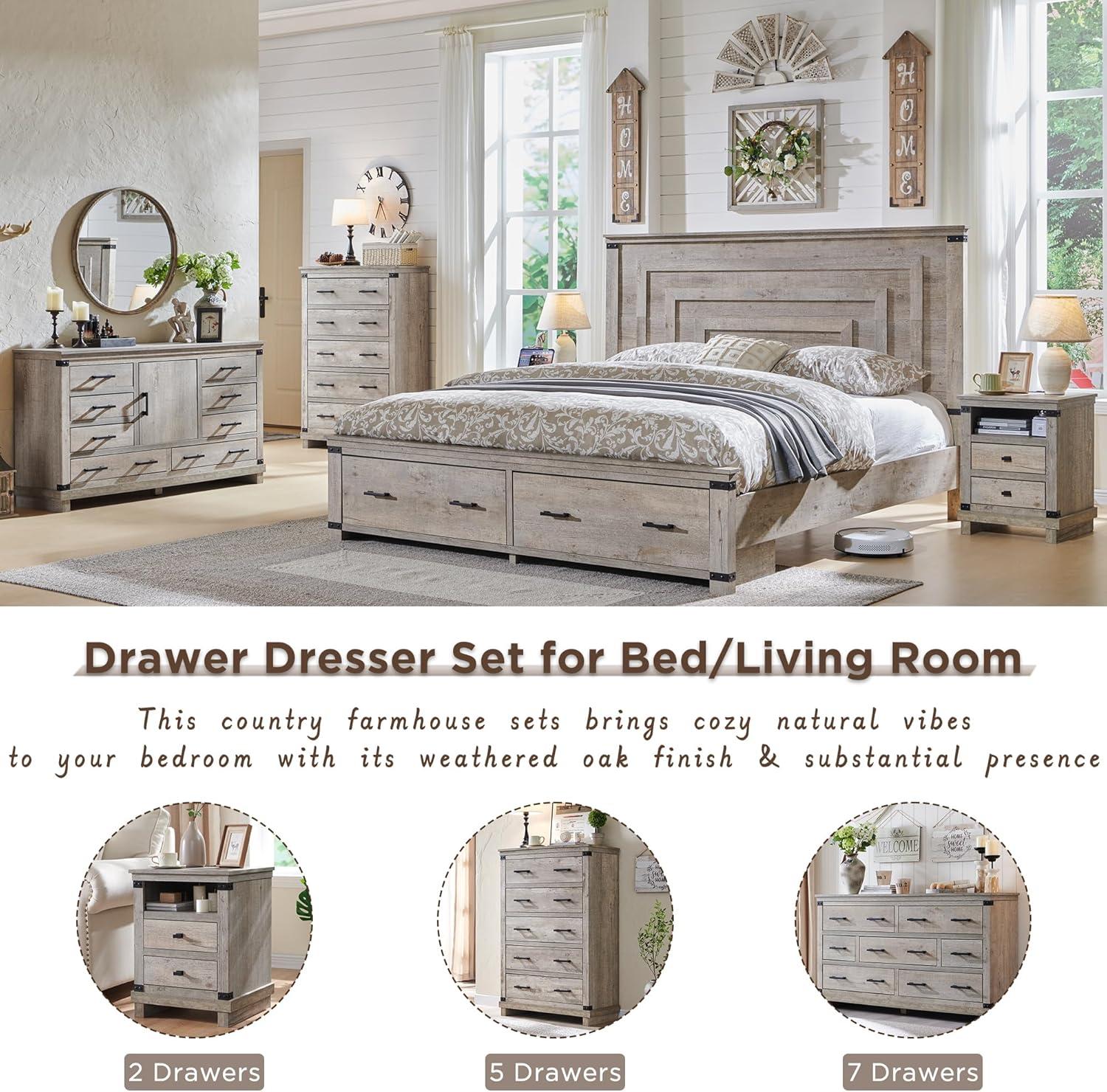 Farmhouse 8 Drawer Dresser for Bedroom with Adjustable Shelf, Wood Long Chest of Drawers with Thick Plank Styling, Rustic Large Closet Dresser for Bedroom, Living Room, Light Rustic Oak Color