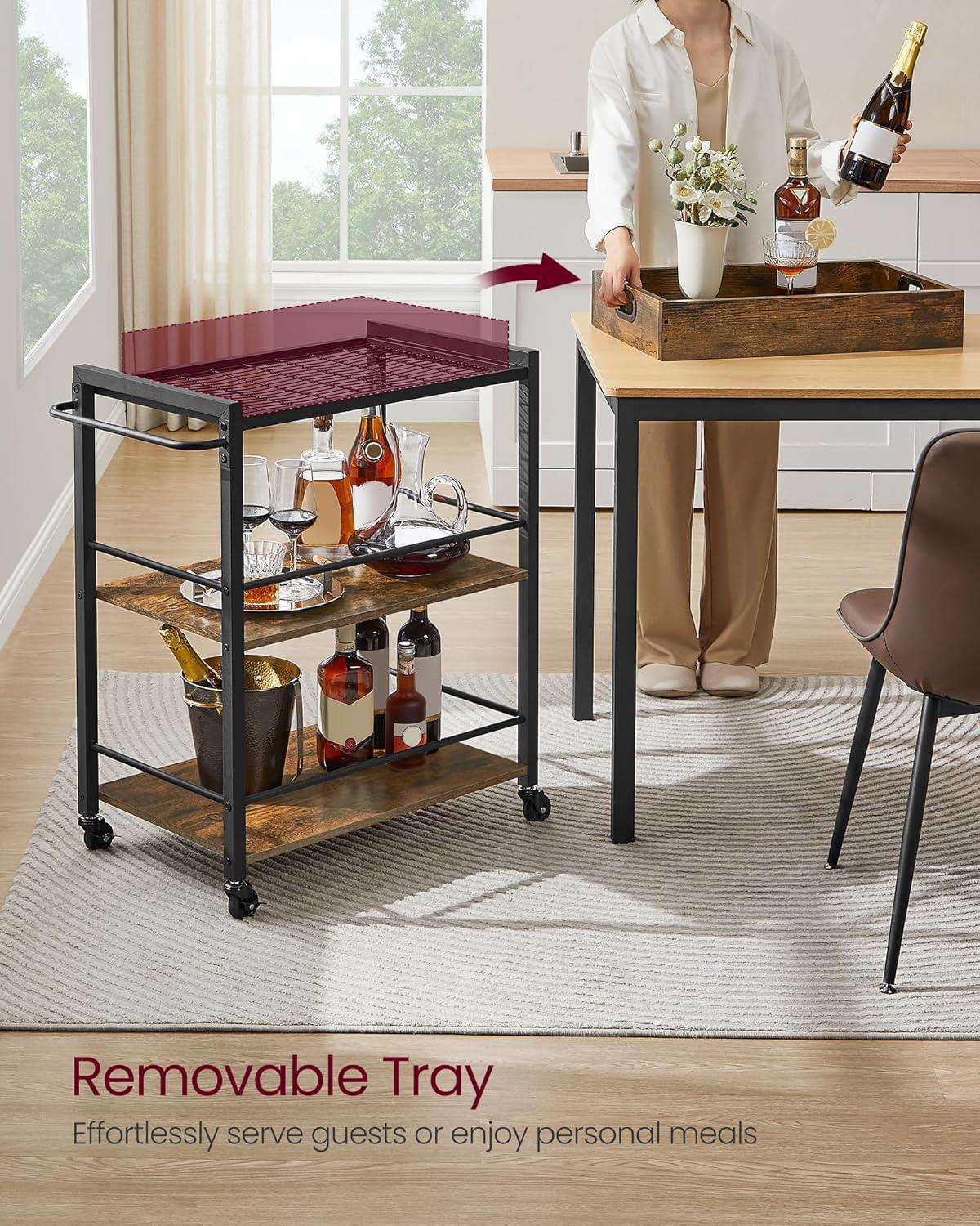 VASAGLE Kitchen Serving Cart with Removable Tray, 3-Tier Kitchen Utility Cart on Wheels with Storage, with Brakes, Rustic Brown and Black